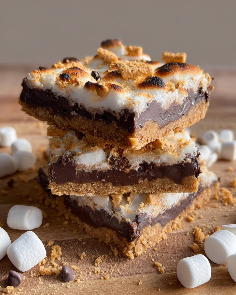 The image shows three stacked squares of a dessert bar with three clear layers: the bottom layer is a light brown crumbly crust, the middle layer is thick and dark chocolate, and the top layer is toasted melted marshmallows with some small crunchy biscuit pieces scattered on top. The bars sit on a wooden surface with some marshmallows, chocolate chips, and crumbs around them. The background is plain and neutral in color. photo taken with an iphone --ar 4:5 --v 7