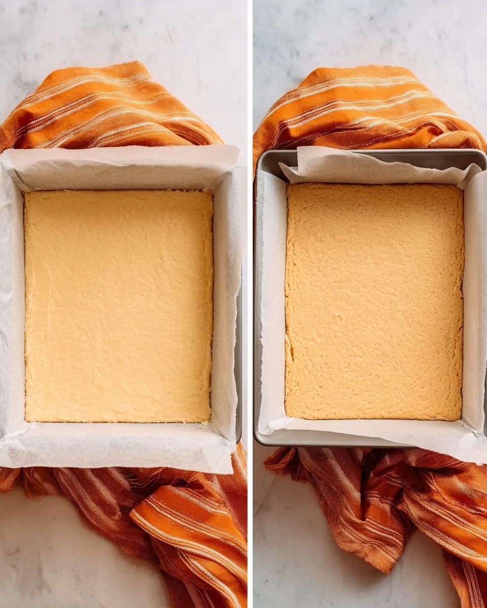 The image shows two side-by-side photos of a square baking pan lined with white parchment paper. The left photo displays an even layer of pale yellow dough pressed flat inside the pan, with a slightly uneven edge and some light texture on the surface. The right photo shows the same square layer of dough after baking, now with a light golden brown color and a firmer, slightly rougher texture. Both pans rest on a white marbled surface with a folded orange cloth with thin white stripes placed nearby. photo taken with an iphone --ar 4:5 --v 7