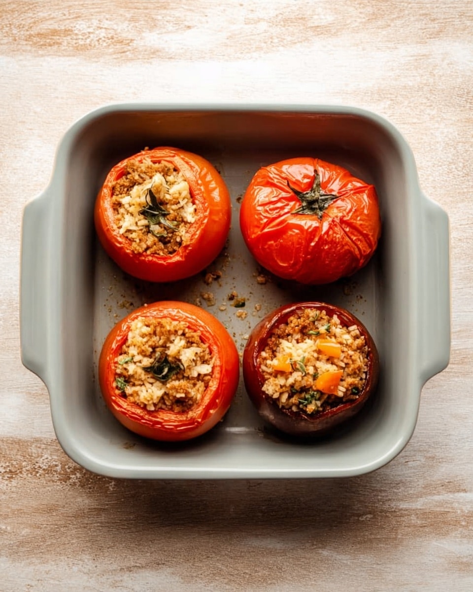 A square, light gray baking dish holds four stuffed tomatoes, three of which are bright red and one is dark reddish-brown. Each tomato has its top removed and placed back slightly askew, showing a filling of mixed light brown and beige ingredients with small bits of green and orange visible. The surface under the baking dish is a white marbled texture. Photo taken with an iphone --ar 4:5 --v 7