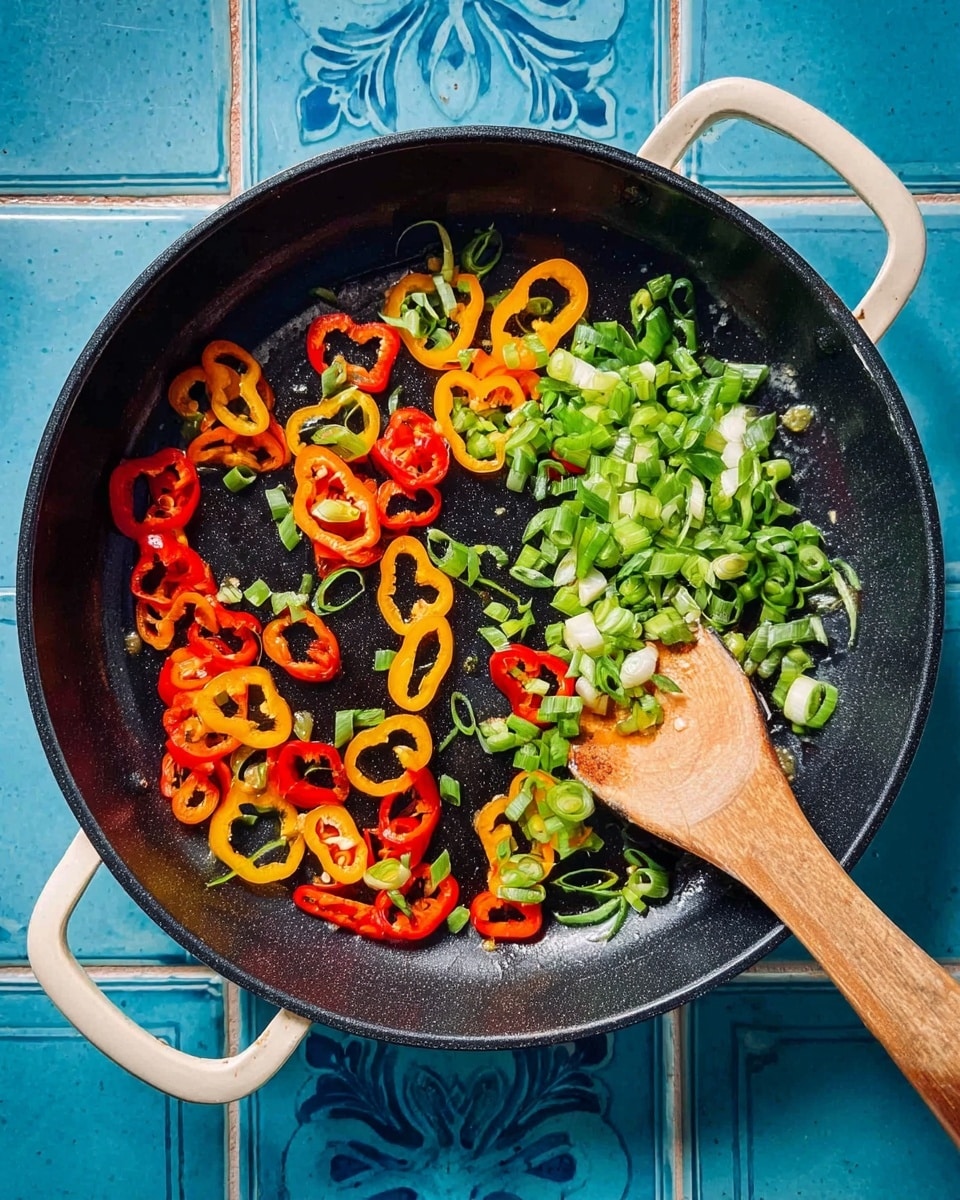 A round black pan with white handles holds scattered thin rings of red, orange, and yellow peppers and chopped bright green spring onions spread mostly on one side, with a wooden spoon lying inside the pan resting on the pan's surface. The background is made of blue tiles. photo taken with an iphone --ar 4:5 --v 7