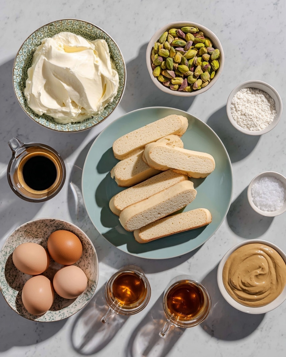 The image shows various ingredients arranged on a white marbled surface. There is a light blue plate in the center filled with several long, light beige ladyfinger biscuits with a soft, slightly textured surface. Surrounding the plate are bowls and small glasses: a white bowl with creamy, smooth white whipped cream on the left, a patterned bowl with four brown eggs below it, a small white bowl filled with whole green pistachios above, and another small white bowl with white granulated sugar on the upper right. A medium glass cup of dark brown espresso with a light foam layer sits nearby. A white round plate holds three small glasses: one with dark brown coffee, one with amber-colored liquid, and a clear glass of water. Another small white bowl contains a light brown, smooth cream or paste. All items are evenly spaced, casting soft shadows below each. Photo taken with an iphone --ar 4:5 --v 7