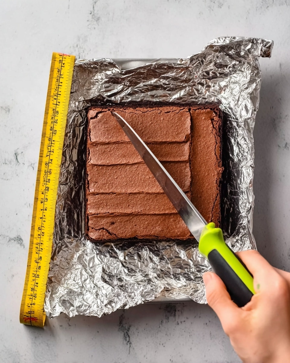 The image shows a square chocolate brownie resting on crumpled aluminum foil, which is placed on a white marbled surface. The brownie has a smooth, dark brown top layer with slightly raised edges. A woman's hand holds a black-handled knife, slicing through the brownie horizontally near the bottom edge. Next to the brownie, a yellow measuring tape is stretched out, running from the left edge to the top edge of the brownie, showing measurements slightly over 10 inches. Photo taken with an iphone --ar 4:5 --v 7