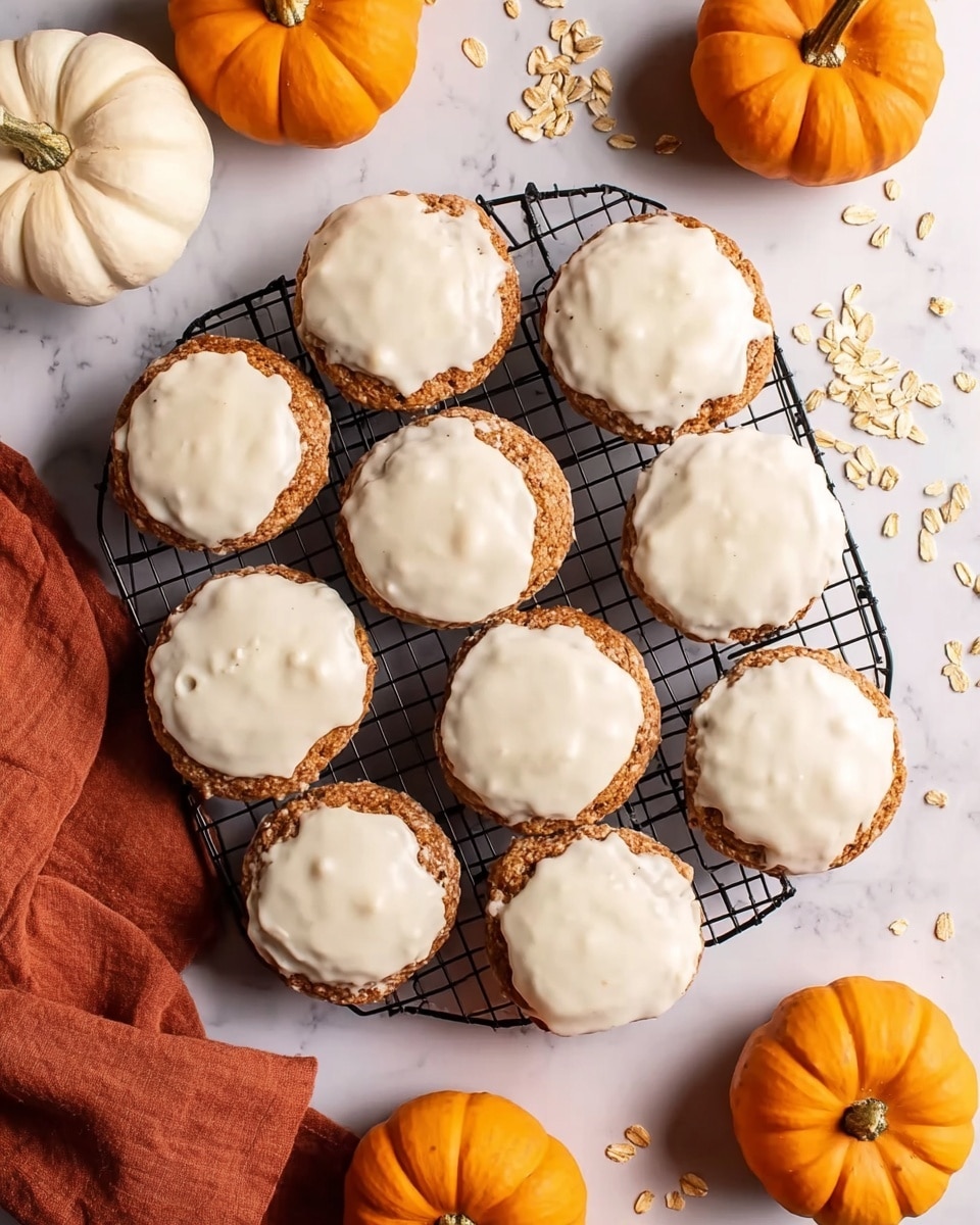 Twelve round cookies with a thick, creamy white layer of icing on top are placed on a black cooling rack centered on a white marbled surface. The cookies have a brown, slightly rough texture peeking out from under the icing. Around the cooling rack are small scattered oat flakes, adding texture to the scene. Surrounding the cookies are several small orange and white pumpkins placed on the white marbled background. A folded rust-colored cloth is partially visible at the bottom left corner. The overall scene gives a cozy fall feeling. photo taken with an iphone --ar 4:5 --v 7