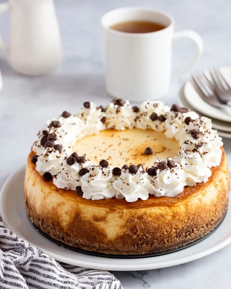 A thick cheesecake with a golden-baked top sits on a white plate. Around the edge, there is a ring of white whipped cream swirls topped with small dark chocolate chips. The side of the cheesecake is lightly browned with a crumbly texture. The plate rests on a white marbled surface, with a white cup of tea blurred in the background and a striped cloth with silverware on the corner. The photo taken with an iphone --ar 4:5 --v 7