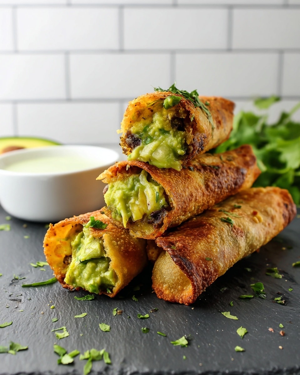 A white plate holds seven golden-brown, crispy folded tacos arranged in a row, each filled with bright green mashed avocado mixed with small bits of dark filling and topped with scattered fresh green cilantro leaves. The tacos have a bubbly, textured surface showing they are fried. In the background on a white marbled surface, there is a dark blue bowl filled with creamy light green dip, a half avocado with its brown seed showing, and some fresh green cilantro. photo taken with an iphone --ar 4:5 --v 7
