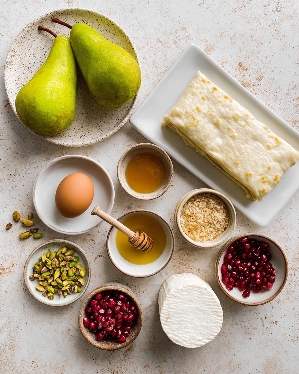 A single square tart sits in the center of a white plate with a wide rim and subtle ridges. The tart has a golden, flaky crust that rises slightly at the edges, forming a raised border. Inside the crust, thin slices of pear lay flat in soft, light cream tones with a slight gloss. Bright red pomegranate seeds and small green crushed pistachios are scattered evenly on top, adding pops of color. A wooden honey dipper held by a woman's hand drizzles golden honey over the tart, catching the light just before it falls. The scene rests on a white marbled surface, and a small white dish with more honey sits in the background. A vintage gold fork lies next to the tart on the plate. photo taken with an iphone --ar 4:5 --v 7