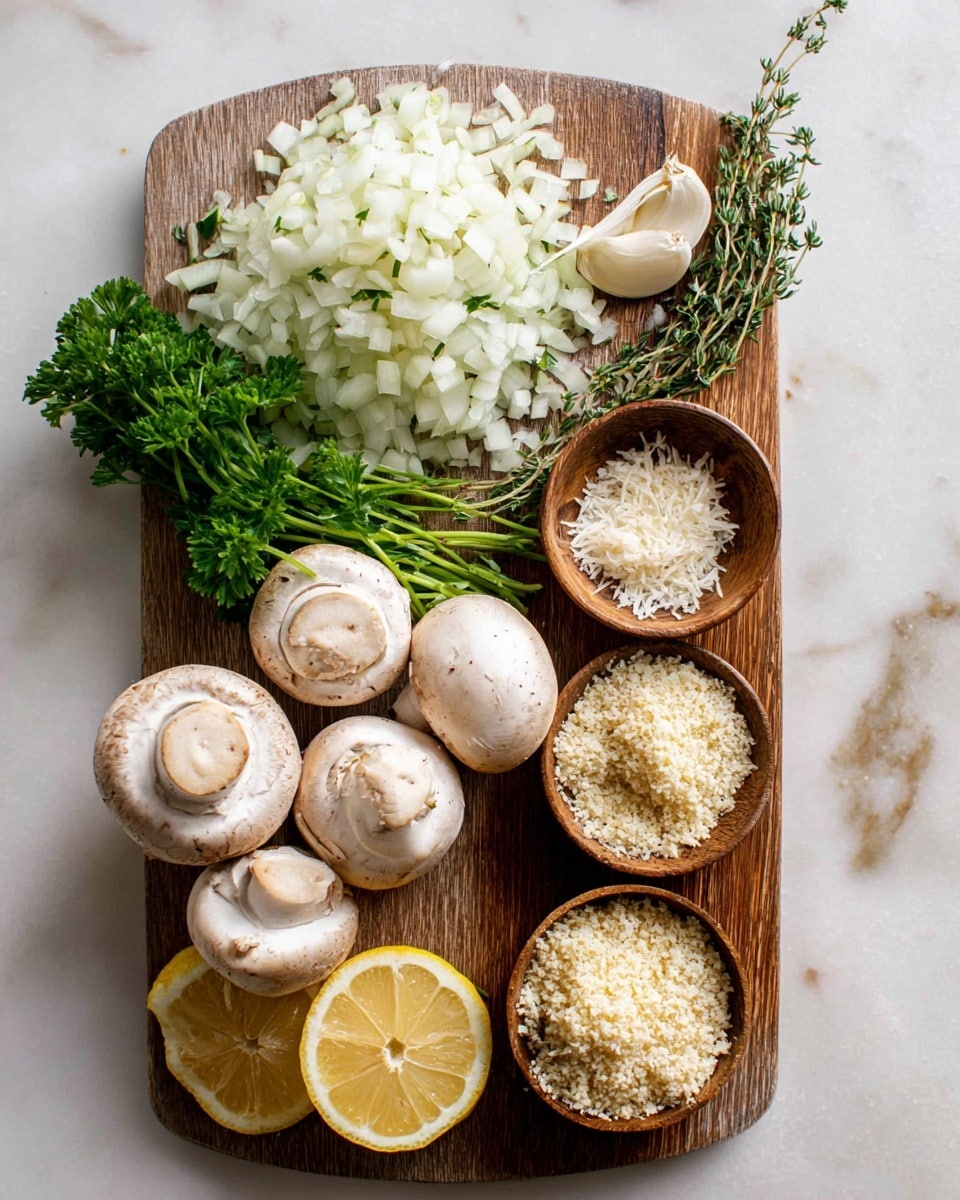 The image shows a cutting board with several layers of ingredients arranged neatly. On the top left are chopped white onions forming a dense layer with fresh green parsley stems resting on the onions. Below the onions is a small pile of chopped garlic sitting next to a few sprigs of fresh thyme. The middle section of the board has six whole white mushrooms with smooth, round caps and light brown spots. At the bottom of the board are two lemon halves, showing their juicy yellow flesh. To the right of the board, on a white marbled surface, are two small wooden bowls filled with two different types of grated cheese or breadcrumbs, one light beige and the other white with a slightly coarser texture. The photo taken with an iphone --ar 4:5 --v 7