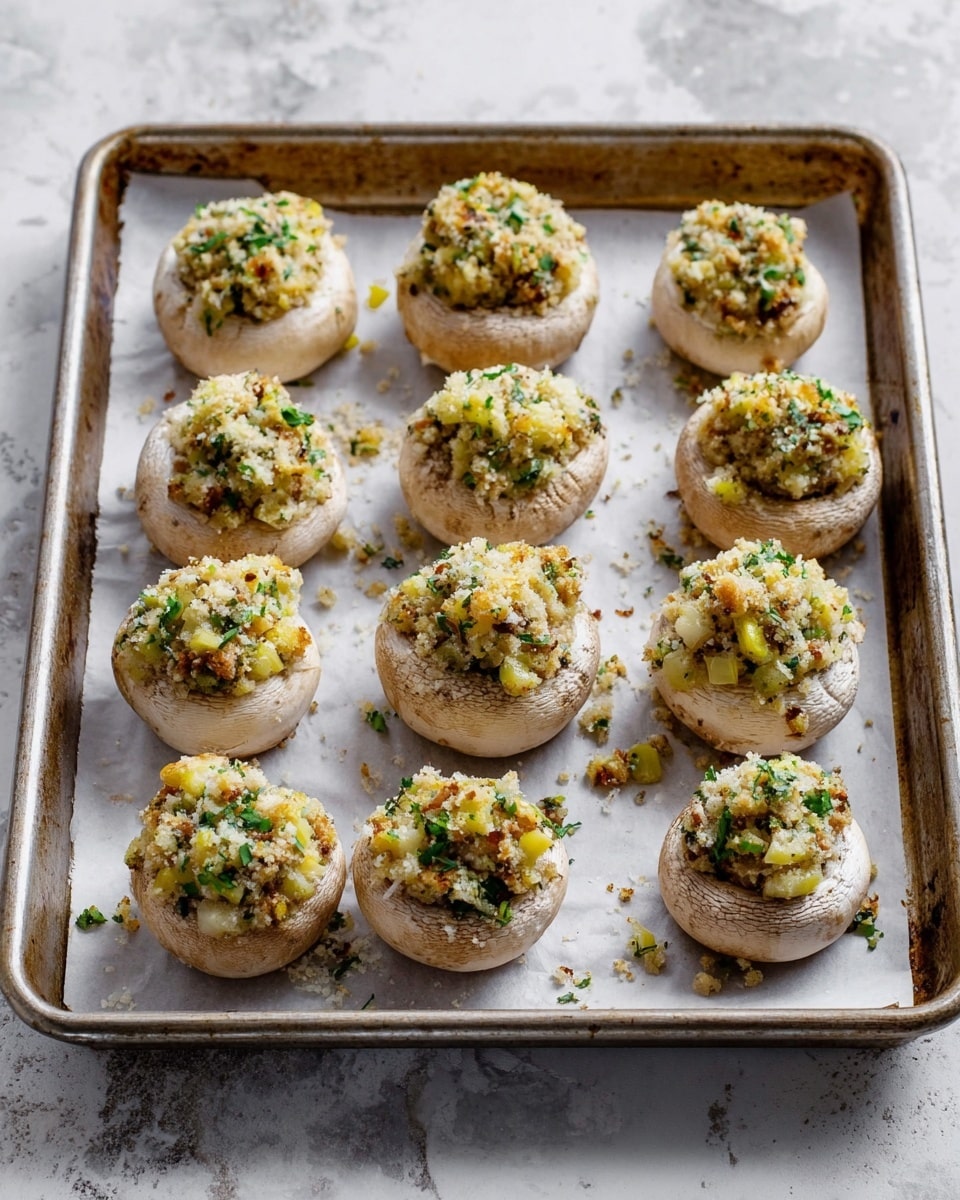 A metal baking tray lined with white parchment paper holds eleven round white mushrooms arranged in four uneven rows. Each mushroom has two layers: the round mushroom base with a smooth, pale beige texture and a stuffed topping mixture of small, coarse crumbs in yellow and light brown shades, flecked with chopped green herbs and some visible bits of onion or garlic. The mushrooms have a moist and slightly shiny look with some small crumbs scattered around the tray. The tray sits on a white marbled surface. Photo taken with an iphone --ar 4:5 --v 7