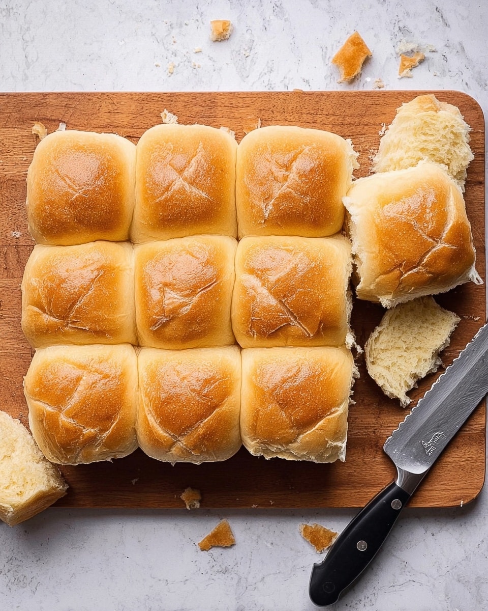 A group of twelve soft, golden brown dinner rolls arranged in three rows of four on a wooden cutting board. One roll in the corner has been taken out, showing the light, fluffy inside texture beneath. Crumbs are scattered around the board, and next to it lies a serrated knife with a black handle. The surface underneath the board has a white marbled texture. The lighting highlights the fluffy, slightly cracked tops of the rolls clearly. Photo taken with an iphone --ar 4:5 --v 7