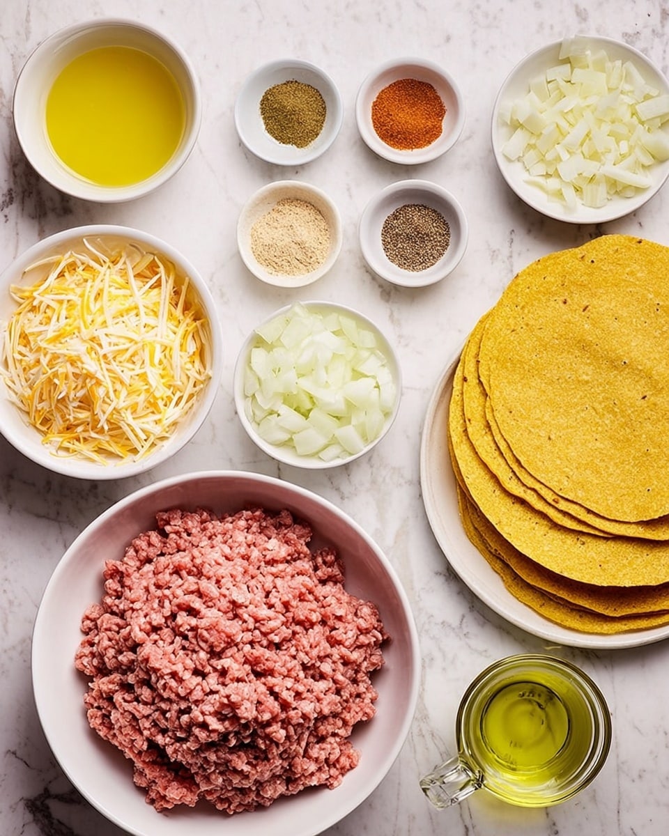 The image shows several white bowls and a white plate on a white marbled surface. In the center, there is a white bowl filled with raw ground beef, pale pink and textured. To the top left, a small white bowl contains a yellow liquid, likely oil. Below it, another white bowl has shredded yellow and white cheese mixed together. Next to it, a smaller white bowl holds diced white onions. To the right of the onions, a small white plate displays six different spices in small piles, with colors including brown, red, beige, green, and black. On the far right, a white plate holds a stack of yellow corn tortillas. In the bottom right corner, there is a glass cup filled with light greenish-yellow oil. Near the bottom left, a measuring spoon marked “1/4 cup 60 ml” is placed on the marble surface. Photo taken with an iphone --ar 4:5 --v 7