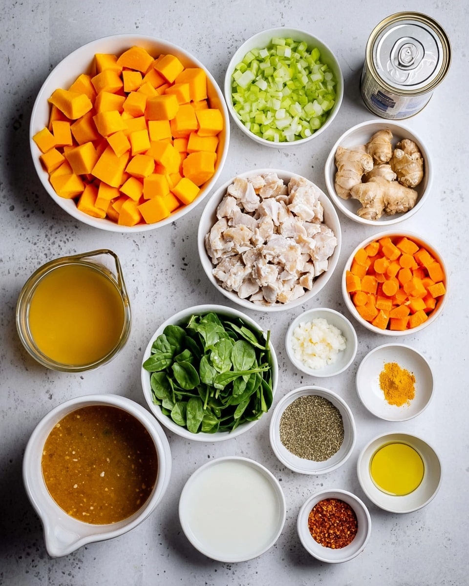 The image shows several small white bowls and a white cup filled with different fresh ingredients arranged neatly on a white marbled surface. From left to right, top to bottom, there are: a large white bowl with cubed bright orange butternut squash; a white bowl with chopped cooked chicken pieces; a white bowl with chopped green celery; a white bowl with chopped orange carrots; a white bowl with chopped fresh green spinach leaves; a small white bowl with olive oil; a white bowl with finely diced white onions; a measuring cup with brownish-orange broth; a small white bowl with ground spices including black pepper, salt, cumin, turmeric, and red chili flakes; a small white dish with minced garlic; a small white dish with minced fresh ginger; a small white cup with yellow ground spice (curry powder); a small white cup with light yellow liquid (oil); and an open can of coconut milk showing its white liquid inside. The bowls and ingredients are neatly spaced, creating a clean and organized look. Photo taken with an iphone --ar 4:5 --v 7