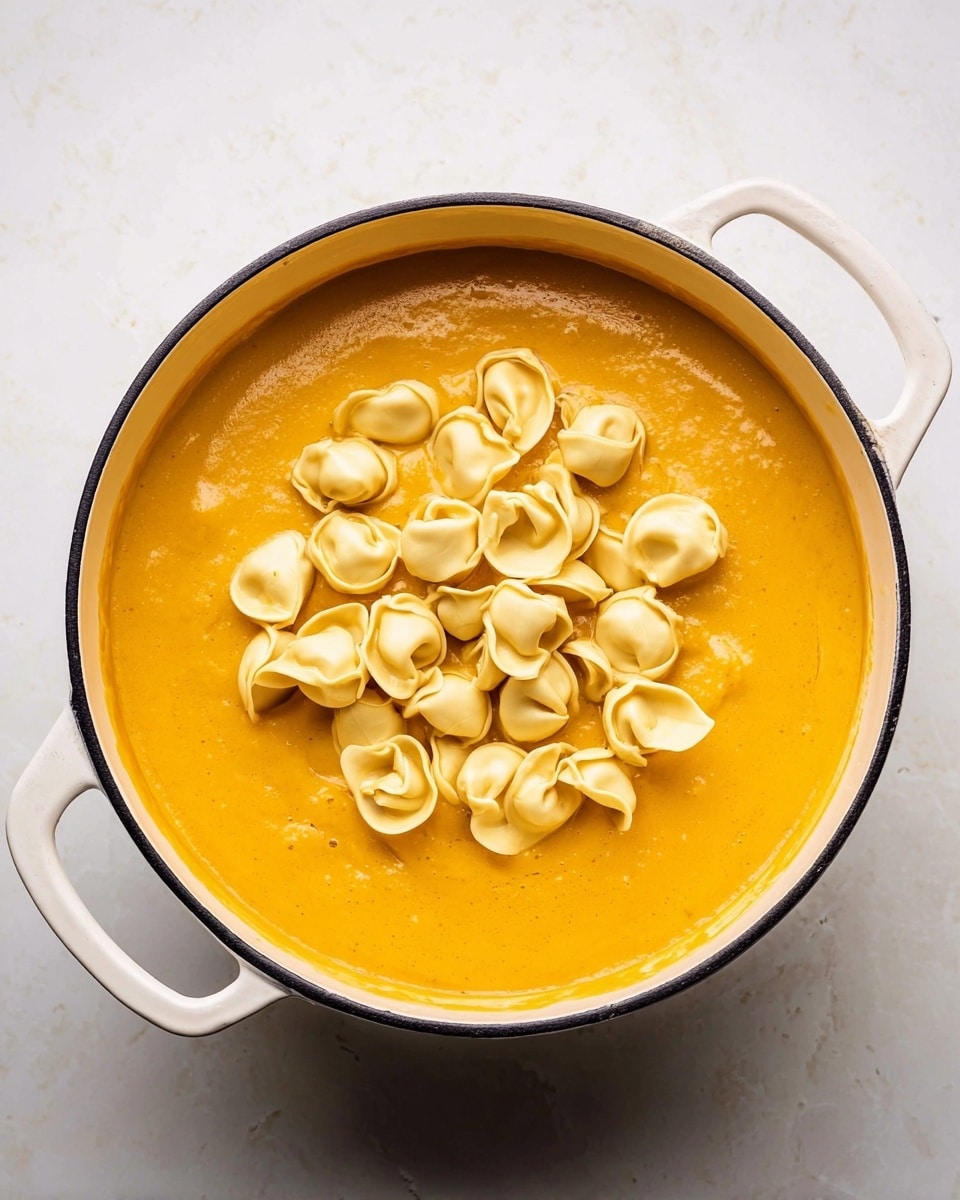 The image shows many small white bowls and a large glass measuring cup, all placed on a white marbled surface. From the bottom left, there is a white bowl with yellow tortellini pasta. In the center, a large glass measuring cup holds clear brown broth. To the right of this, a large white bowl is full of orange cubed butternut squash. Around these are small white bowls containing chopped carrots, celery, onions, garlic, fresh herbs, grated cheese, spices, salt, olive oil, and a small cup of cream. Everything is neatly arranged and well-lit, showing vibrant, fresh ingredients ready for cooking. Photo taken with an iphone --ar 4:5 --v 7