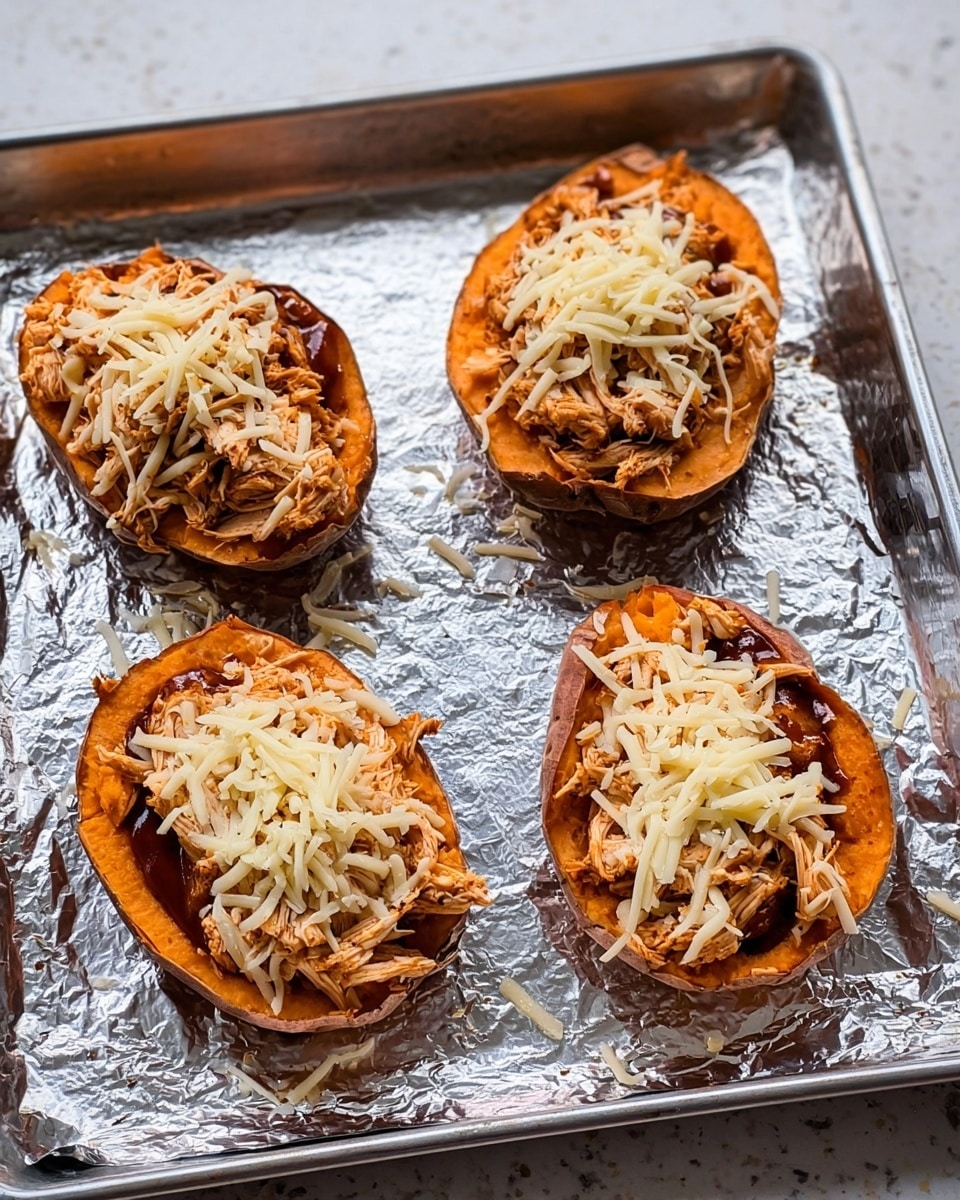 The image shows four stuffed sweet potato halves placed on a baking tray lined with silver foil. Each sweet potato half has three visible layers: the bottom layer is the orange sweet potato skin filled with slightly mashed sweet potato flesh, the middle layer consists of shredded cooked chicken mixed with a dark brown sauce, and the top layer is a small pile of shredded white cheese. The baking tray is placed on a white marbled surface. The photo taken with an iphone --ar 4:5 --v 7