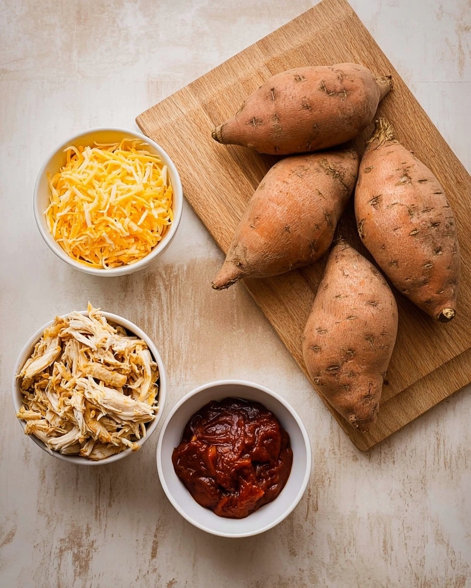 The image shows four whole sweet potatoes with rough brown skin on a wooden cutting board at the top right. Below and to the left are three white bowls on a white marbled surface: one with shredded yellow cheese on the left, one with brown shredded chicken in the center, and one with dark red tomato sauce above the chicken bowl. The bowls have a smooth texture and simple design. photo taken with an iphone --ar 4:5 --v 7