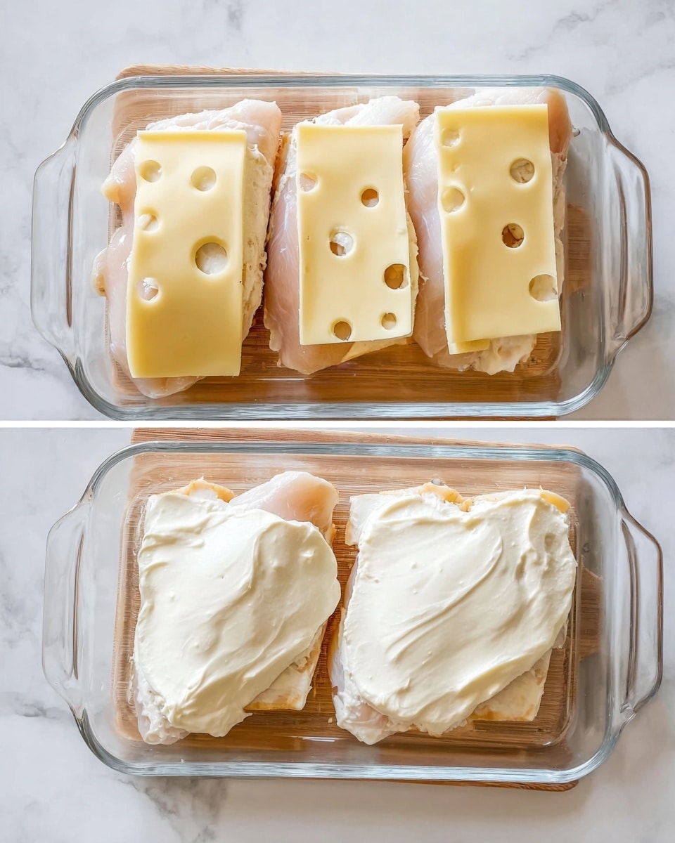 The first image shows three pieces of raw chicken breasts laid side by side in a clear glass dish on a white marbled surface. On top of each piece of chicken is a square slice of pale yellow cheese with round holes, covering most of the chicken surface. The second image shows the same three pieces of chicken with cheese in the glass dish, now each topped with a thick, creamy white sauce spread unevenly over the cheese slices. Photo taken with an iphone --ar 4:5 --v 7