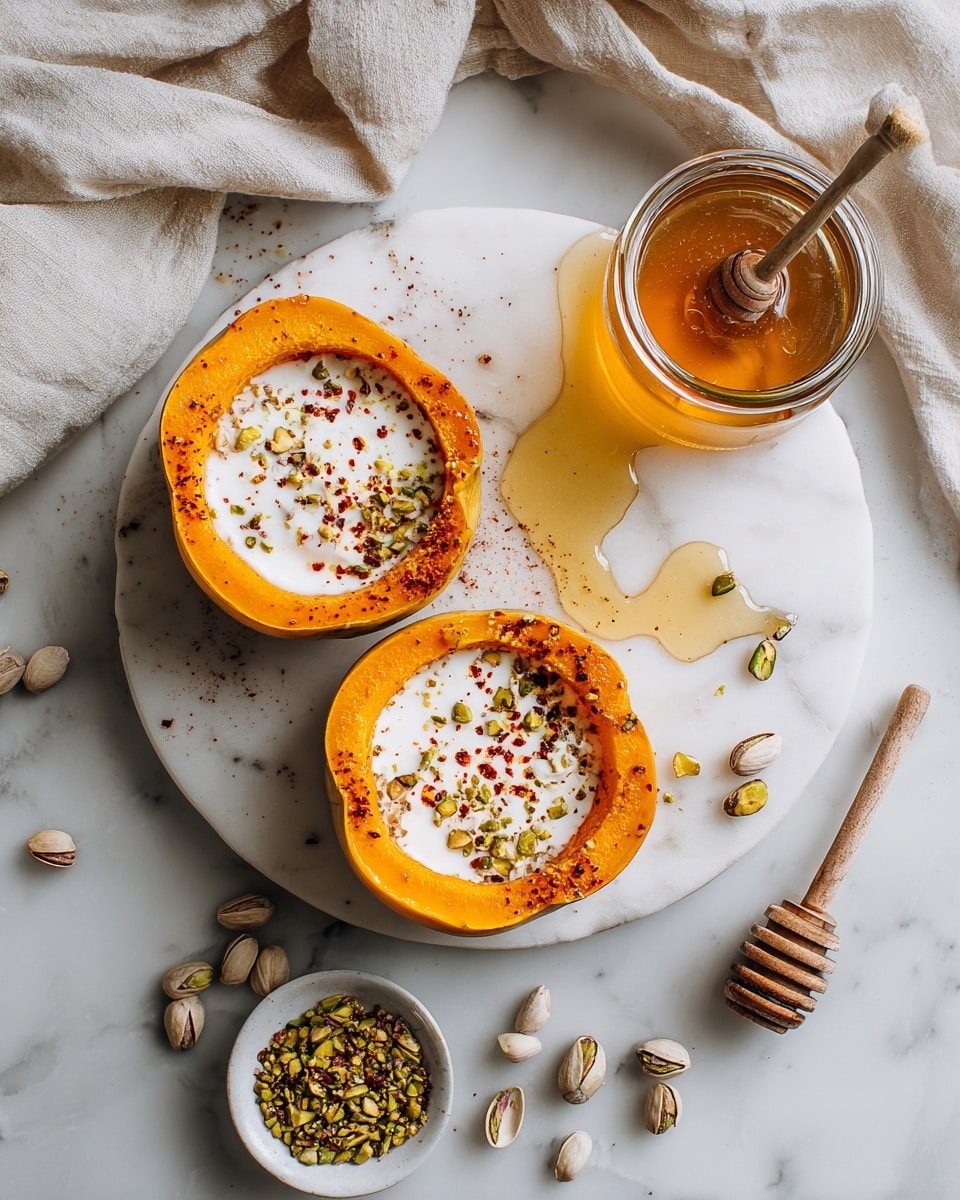 Two round slices of orange squash each filled in the center with a smooth white cream sprinkled with red chili flakes and green pistachio bits, all placed on a large round white marble surface. A small transparent glass jar filled with light golden honey is placed near the top right of the squash, with honey drizzled on the marble and a wooden honey dipper resting beside it. A small white dish next to the jar holds a mix of crushed nuts and spices. Scattered whole and broken pistachio nuts are around the marble surface, and light beige fabric is softly draped at the top left and bottom right edges of the image. photo taken with an iphone --ar 4:5 --v 7