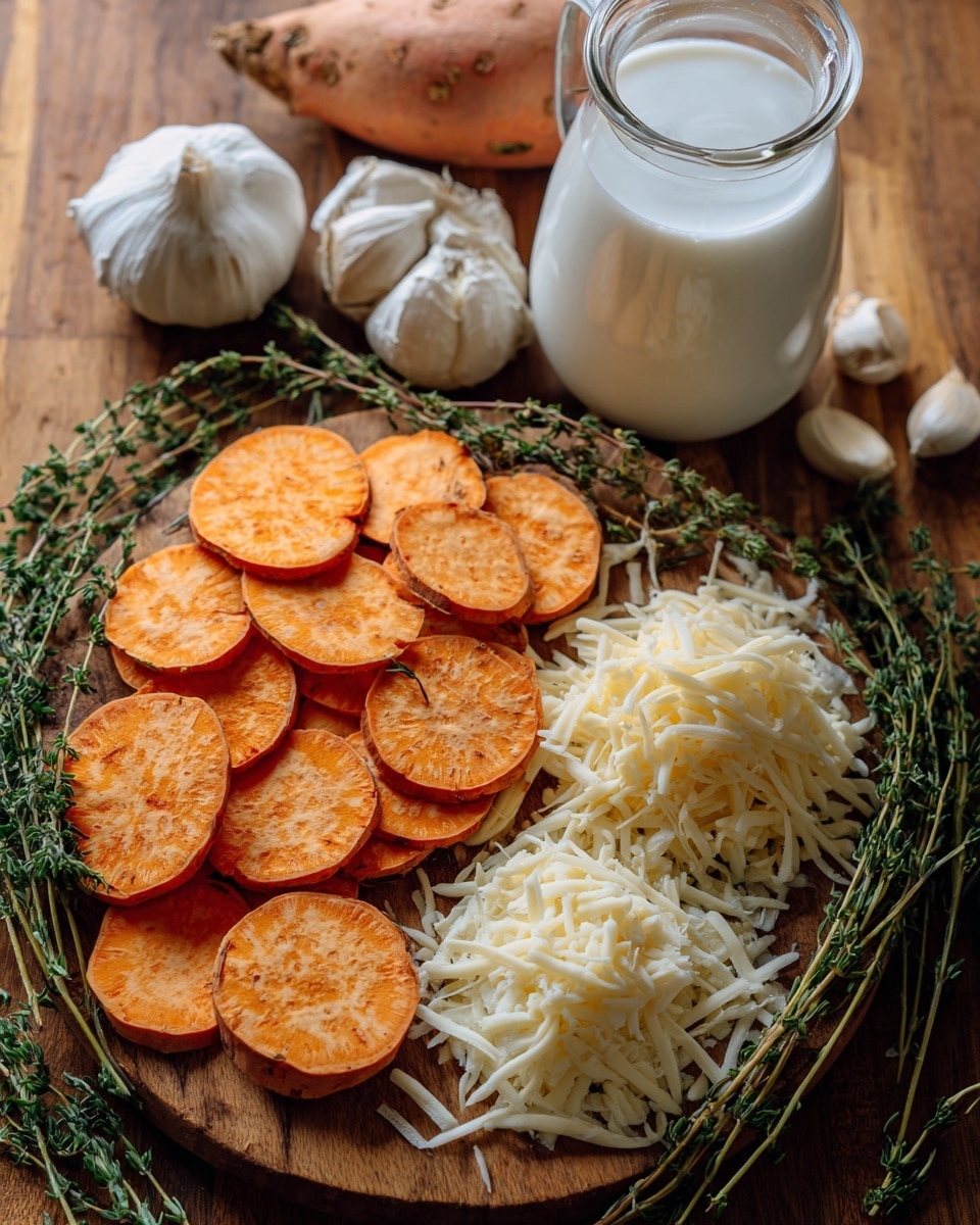 A wooden board is filled with several layers of thin round slices of orange sweet potatoes placed in the center, showing a slightly rough texture. To the right, there is a generous pile of shredded white cheese, and to the left, another smaller pile of shredded pale yellow cheese. Around the board, there are fresh green thyme sprigs spread out, along with whole garlic bulbs and a few peeled garlic cloves. Behind the board, there is a clear glass jug filled with white creamy milk. All items rest on a warm brown wooden surface. photo taken with an iphone --ar 4:5 --v 7