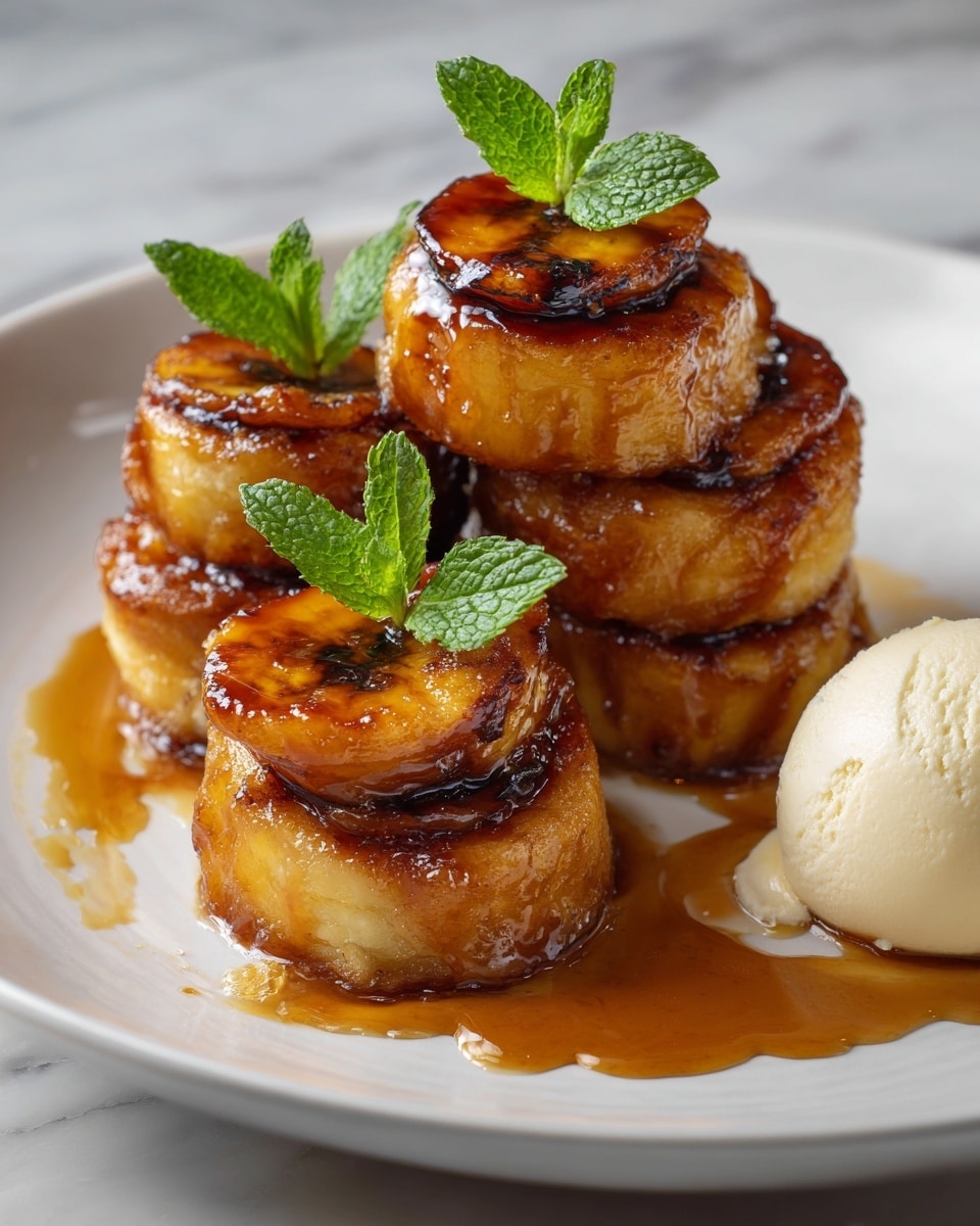 The image shows four stacks of round, golden-brown fried banana pieces, each topped with a glazed caramelized banana slice that is shiny and dark brown in spots. A fresh green mint leaf sits on top of each caramelized banana, adding a pop of color. The stacks are arranged on a white plate, which also holds a scoop of creamy vanilla ice cream on the right side. Light brown caramel sauce is drizzled around the banana stacks, creating a glossy pool on the white marbled surface beneath the plate. The scene is softly lit, highlighting the textures of the bananas and the melting ice cream. Photo taken with an iphone --ar 4:5 --v 7