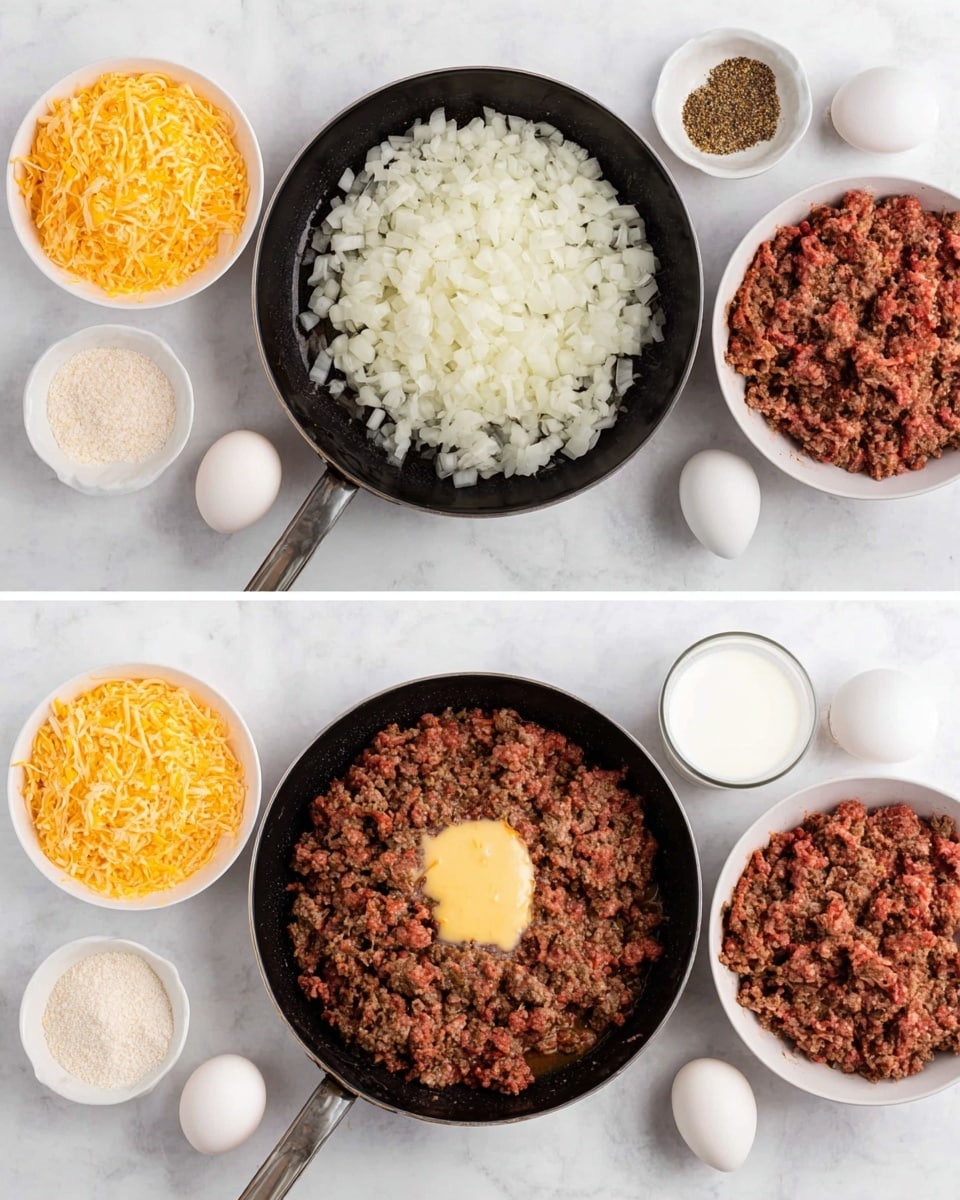 The image shows three stages of making a beef dish, placed side by side on a white marbled surface. The first stage displays a black skillet with raw ground beef on one side and chopped white onions on the other side. Around the skillet, there are small white bowls filled with shredded cheddar cheese, flour, and seasonings, as well as two whole eggs and a cup of milk. The second stage shows the black skillet with cooked ground beef mixed with onions, topped with a dollop of light yellow mustard in the center. The same white bowls, eggs, and milk cup are arranged similarly behind the skillet. The third stage shows a white bowl filled with fully cooked, mixed ground beef and onions, placed in front of the same ingredients in bowls and containers. The background remains consistent with a white marbled texture throughout. Photo taken with an iphone --ar 4:5 --v 7