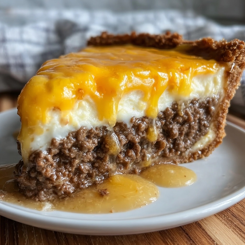A thick pie with three visible layers sits on a wooden board against a white marbled background. The bottom layer is a light golden crust with a soft but firm texture. The middle layer consists of ground meat with a rich brown color and a slightly crumbly texture. The top layer is a thick blanket of melted, shiny orange-yellow cheese covered with small green herb sprinkles. One slice is cut and slightly pulled out, showing all the layers clearly and the cheese melting down the sides. Photo taken with an iphone --ar 4:5 --v 7