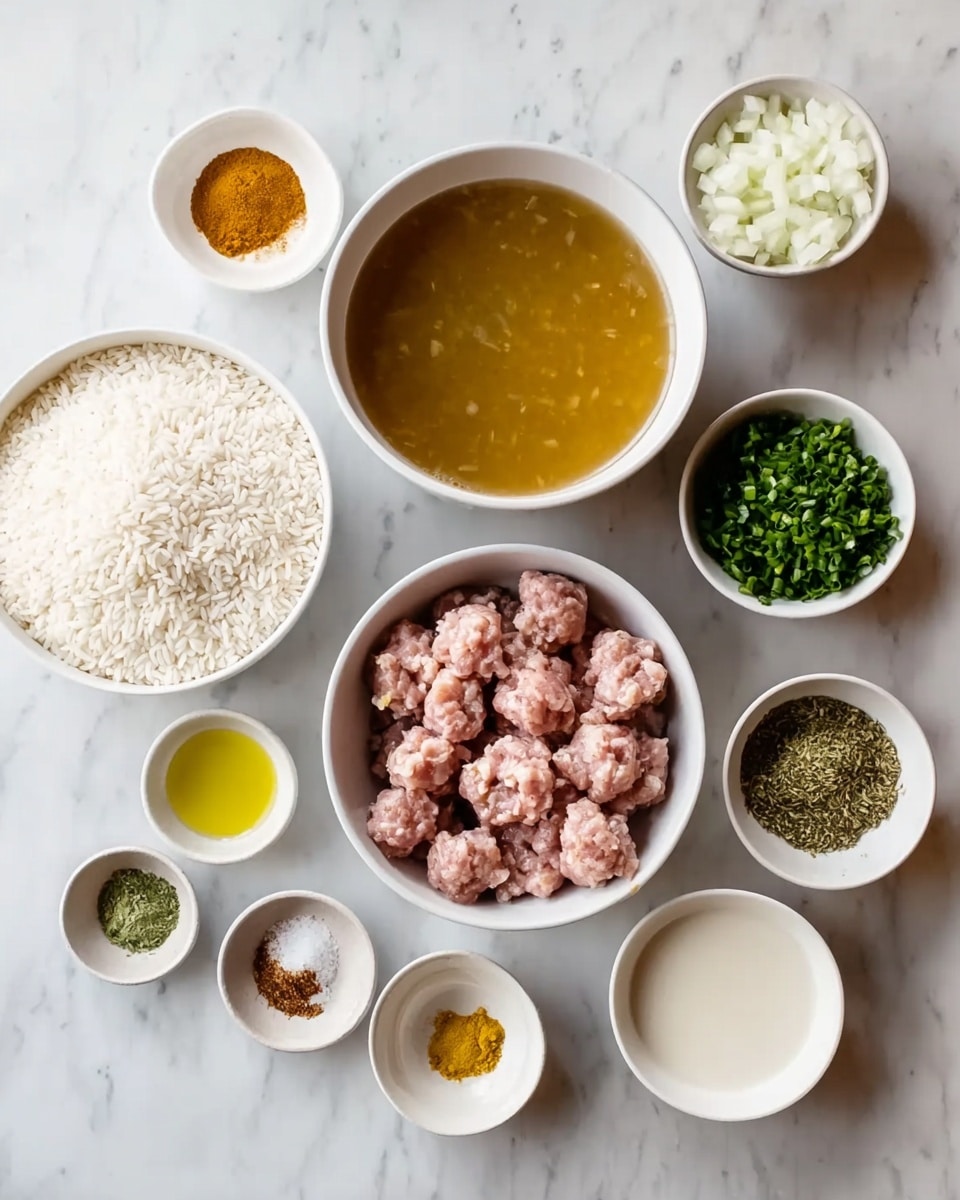 A top-down view of multiple small white bowls arranged on a white marbled surface. In the center, a medium white bowl contains raw sausage pieces that are pink and chunky. Above it, a large white bowl filled with golden brown broth, and to the left, another large white bowl with uncooked white rice grains. Surrounding these are smaller white bowls holding finely chopped green herbs, diced white onions, a small amount of yellow oil, and various green and yellow spices in powder form. One small bowl contains a creamy white liquid. The scene is well-lit, showing clear details and colors of each ingredient photo taken with an iphone --ar 4:5 --v 7