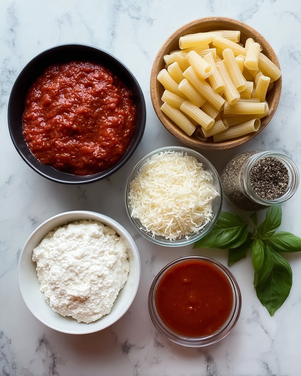 The image shows five main items placed on a white marbled surface: a black bowl filled with thick, chunky red tomato sauce at the top left, a pile of uncooked pale yellow tube-shaped pasta to the right of the sauce, a small wooden bowl containing finely grated white cheese below the pasta, a small clear glass bowl with a smooth, bright red sauce below the cheese, and a white bowl filled with textured white ricotta cheese at the bottom left. A glass bottle filled with black pepper is located to the right of the cheese bowls, and a few green fresh basil leaves are placed between the black bowl and the pasta. Photo taken with an iphone --ar 4:5 --v 7