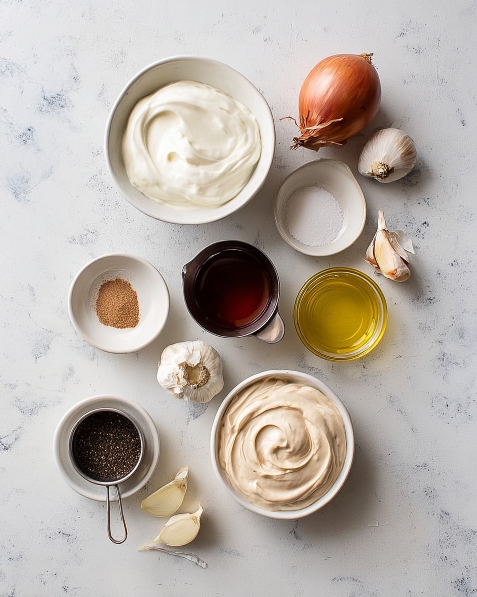 The image shows several ingredients arranged neatly on a white marbled surface. There are two white bowls, one filled with a thick white creamy substance and the other with a light beige creamy mixture, both with smooth swirls on top. Near these bowls, there is a small metal cup containing a deep amber liquid and another similar metallic cup filled with a dark brown liquid. A small white bowl holds black pepper, and another white bowl contains a mix of white salt and light brown powder. There is a clear glass cup with yellow oil, a whole brown onion, a smaller shallot, and a bulb of garlic, all placed close together to one side. The setup is clean and organized, with the textures and colors of the ingredients clearly visible. photo taken with an iphone --ar 4:5 --v 7