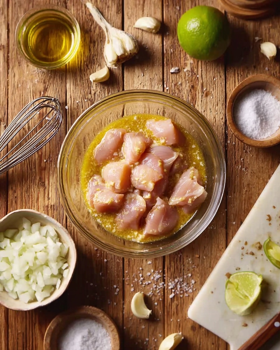A clear glass bowl in the center holds several pieces of raw pink chicken mixed in a yellowish marinade. Surrounding the bowl on a wooden table are various small containers and ingredients: a small white bowl with chopped white onions in the lower left, a metal whisk with a wooden handle, some scattered salt crystals, two garlic cloves near the bottom, a round white container with salt on the upper right, and a white cutting board with a quartered lime wedge on the right. A whole lime and a small cup filled with olive oil rest near the top left. The overall scene shows a kitchen setup for preparing a meal with raw chicken and fresh ingredients, photo taken with an iphone --ar 4:5 --v 7