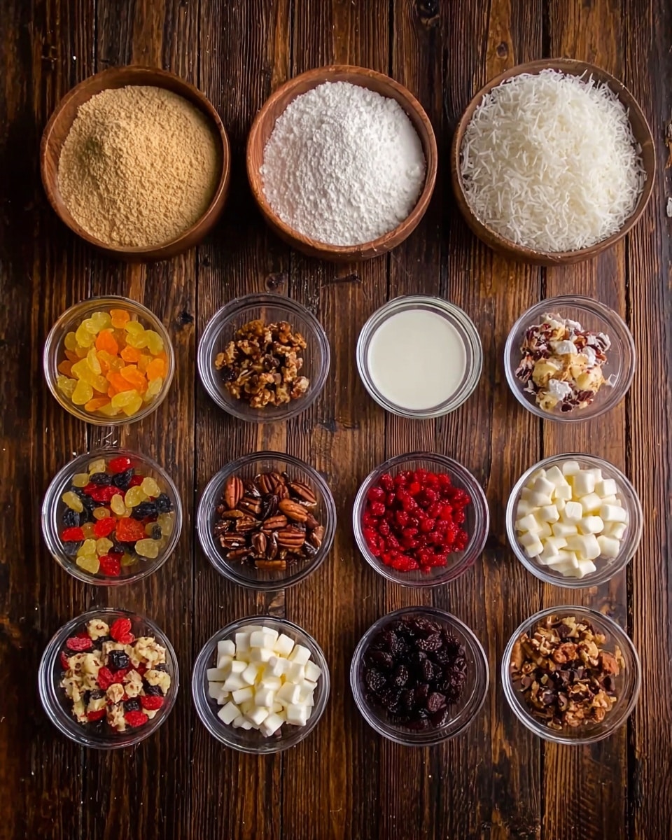 This image shows a top view of various ingredients in bowls on a dark wooden surface. There are three larger bowls with dry ingredients: one bowl with light brown powder, one with white sugar, and one with shredded white coconut. Next to these are eleven small clear bowls arranged in rows with different items: white liquid, golden raisins, mixed dried fruit, bright red small fruit, a mix of nuts and dried fruit, red and dark mixed berries, small white marshmallows, pecan nuts, small dark chocolate chips, and small white chocolate chips. The bowls are neatly placed in rows, creating a colorful and organized display photo taken with an iphone --ar 4:5 --v 7