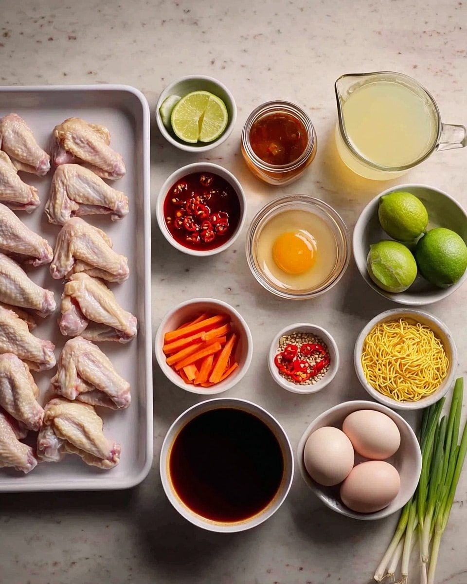 The image shows a white tray on the left filled with raw chicken wings that are pale pink with some white fat visible. To the right of the tray are small white bowls arranged in two rows: the top row from left to right contains a bowl of dark red chili sauce, a bowl of lime wedges, and a glass jar with light brown liquid; the bottom row holds a bowl of thin orange carrot sticks, a bowl with red sliced chilies and light brown seeds, and a small bowl with dark brown sauce. Below these bowls is a larger white bowl filled with more dark brown sauce. Next to that is a clear pitcher filled with a pale yellow liquid. On the far right, three whole eggs are stacked next to a white bowl with one egg yolk inside, halved limes, a small pile of yellow uncooked noodles, and a bunch of green onions with white stems and green tops, all placed on a white marbled surface photo taken with an iphone --ar 4:5 --v 7