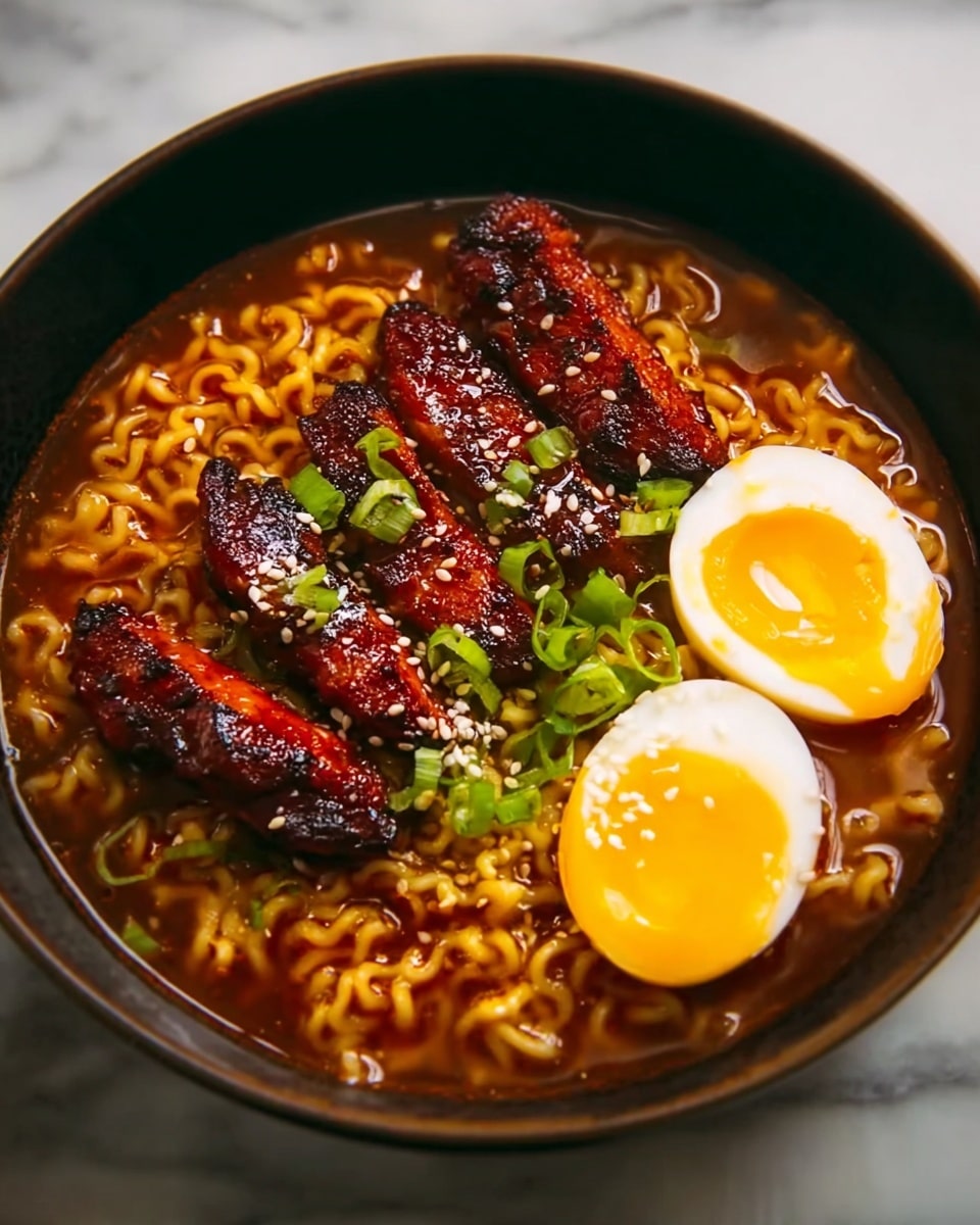 A close-up view of a steaming bowl of ramen in a white bowl on a white marbled surface shows four dark reddish-brown grilled chicken pieces with a slightly charred texture and sprinkled with white sesame seeds, laid on top of a bed of curly yellow noodles soaked in reddish broth. On one side, three soft boiled eggs with white edges and bright yellow yolks that look slightly runny are placed, topped with some chopped green onions. More sliced green onions are scattered over the noodles, adding a fresh green color contrast. A slice of lime is partially visible at the back, adding a hint of green color. photo taken with an iphone --ar 4:5 --v 7