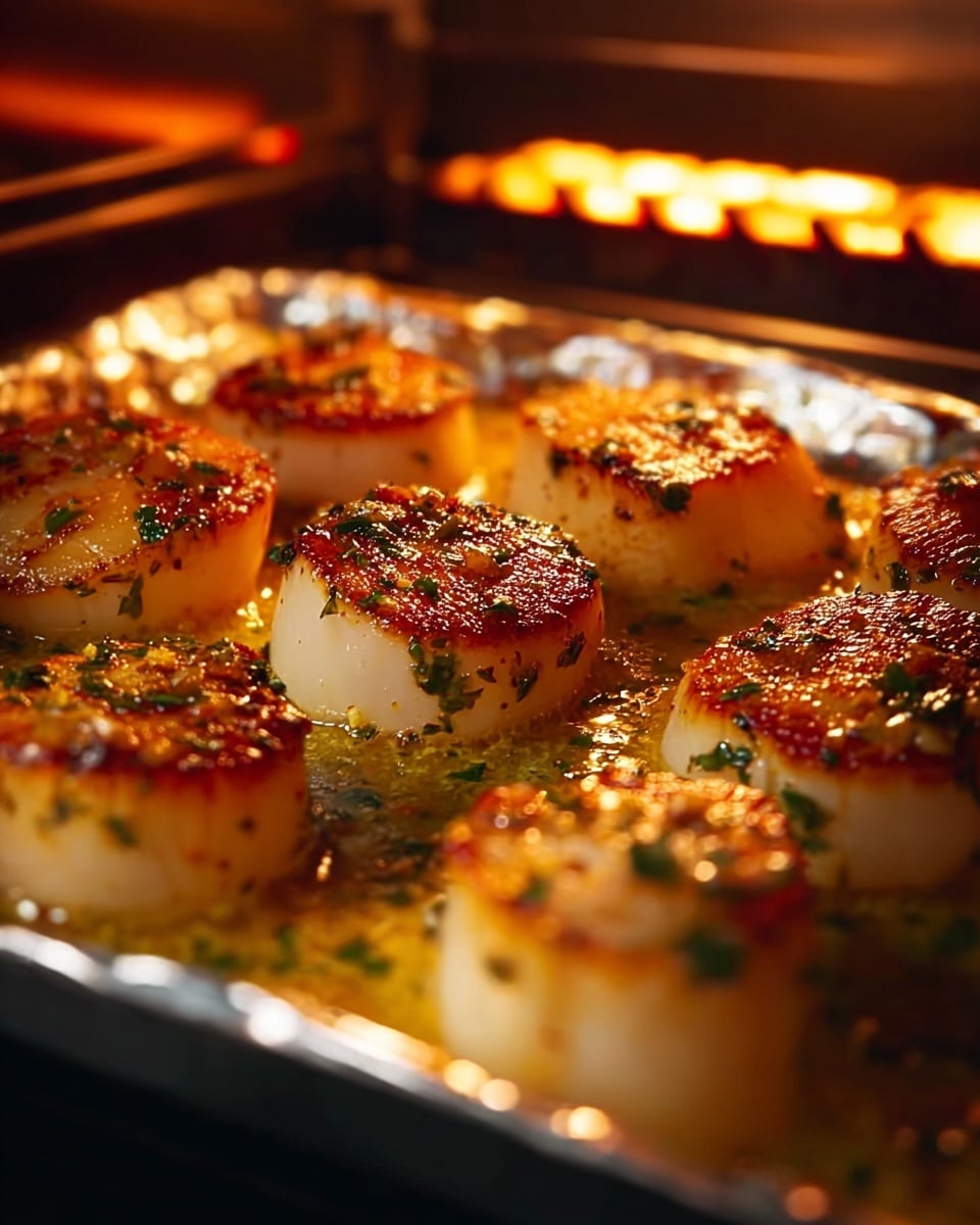The image shows a close-up of a baking tray filled with large, round scallops cooking in a golden butter sauce, with small green herb bits sprinkled on top. The scallops have a nicely browned, slightly crispy top layer with a textured surface from the herbs and cooking. The bottom parts of the scallops are a pale, creamy white, contrasting with the rich golden brown tops. The tray is inside an oven with warm, orange light, creating a cozy and delicious look. The background has a soft blur with the focus clearly on the scallops in the center. photo taken with an iphone --ar 4:5 --v 7
