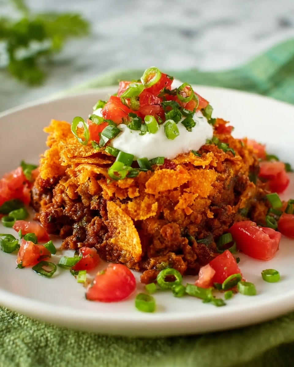 The dish is shown as a small mound on a white plate, placed on a white marbled surface with a green cloth underneath. The bottom layer looks like a mix of cooked, chunky dark brown meat with finely chopped green onions and diced bright red tomatoes scattered around it. On top of this is a layer of crushed, crispy orange chips or flakes, adding rough texture. The dish is garnished with a dollop of white sour cream and small bright green herbs on the highest layer, with more diced tomatoes and green onions sprinkled over it all. Photo taken with an iphone --ar 4:5 --v 7