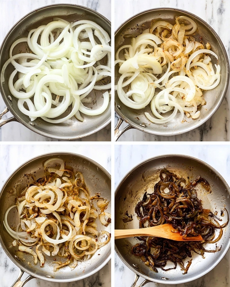 The image is divided into four squares showing the cooking stages of sliced onions in a silver pan on a white marbled surface. The top left square shows raw white onion rings, arranged loosely, bright and fresh with smooth textures. The top right square shows the onions slightly cooked, with the rings starting to turn light brown and curling softly in different sizes scattered in the pan. The bottom left square shows the onions further cooked, with more browning and a mix of soft translucent and golden rings, some pieces starting to shrivel at the edges, lying unevenly. The bottom right square shows the onions fully cooked and caramelized to a dark brown, almost burnt stage, with curled and shriveled pieces, and a wooden spatula stirring them in the pan. photo taken with an iphone --ar 4:5 --v 7
