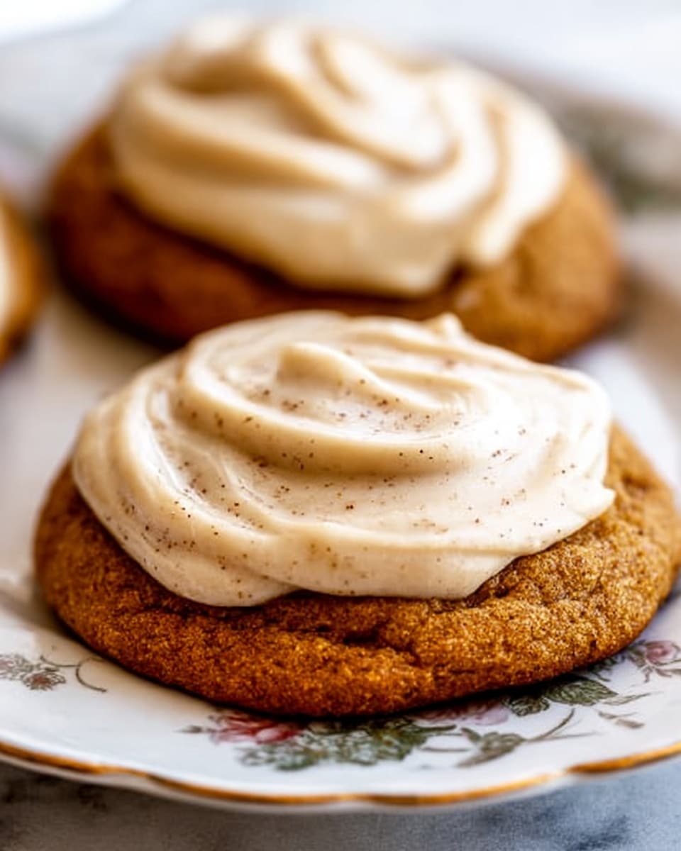 The image shows two soft, round cookies with a warm brown color, each topped with a thick layer of creamy, light beige frosting that has specks of spice evenly mixed in. The frosting is smoothly spread in a swirled pattern on top of the cookies, creating gentle ridges and a slightly glossy texture. These cookies rest on a white plate with delicate floral patterns, all placed on a white marbled surface. Photo taken with an iphone --ar 4:5 --v 7