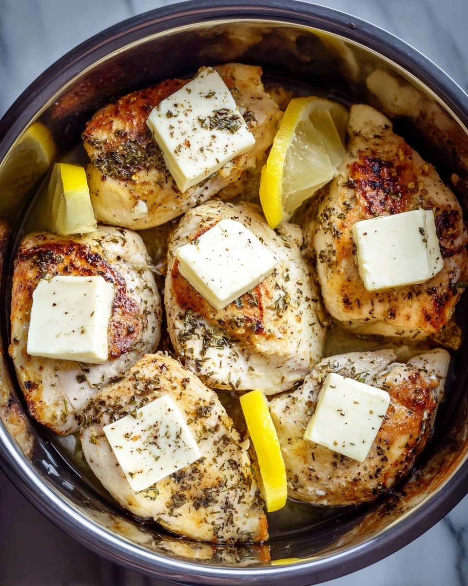 Inside a round metal pot, there are five pieces of cooked chicken with a golden brown and slightly charred surface, each sprinkled with black pepper and herbs. Between and on top of the chicken pieces are thick white square slices of butter and bright yellow lemon wedges. The pot’s shiny interior reflects the food, creating a glossy look. The scene sits on a white marbled surface. photo taken with an iphone --ar 4:5 --v 7