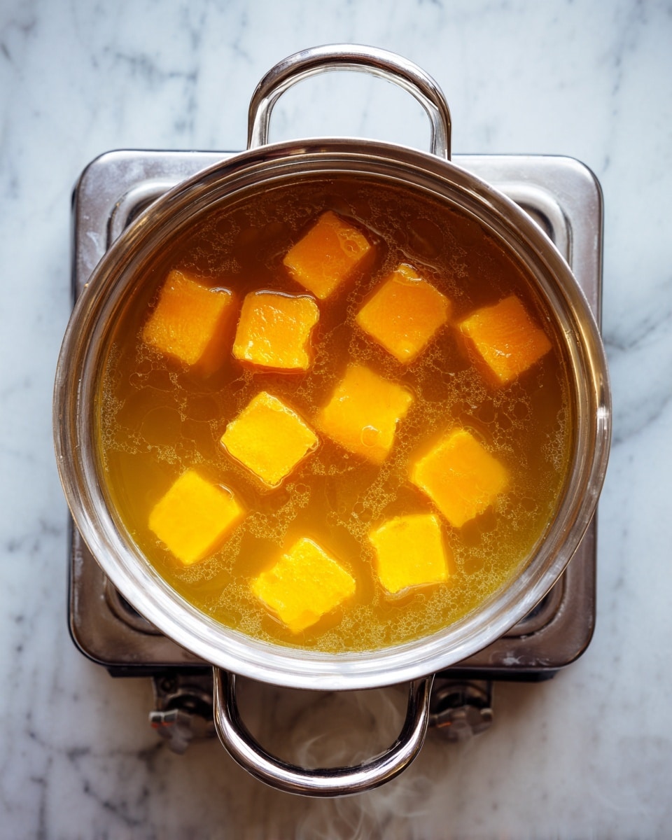 A top-down view of a silver pot with two handles, filled with clear yellow broth. Inside the broth are several small, square, bright orange dumplings floating and softening in the liquid. The pot is placed on a light gray stove, all set on a white marbled surface. Steam rises gently from the broth, showing it is hot. photo taken with an iphone --ar 4:5 --v 7