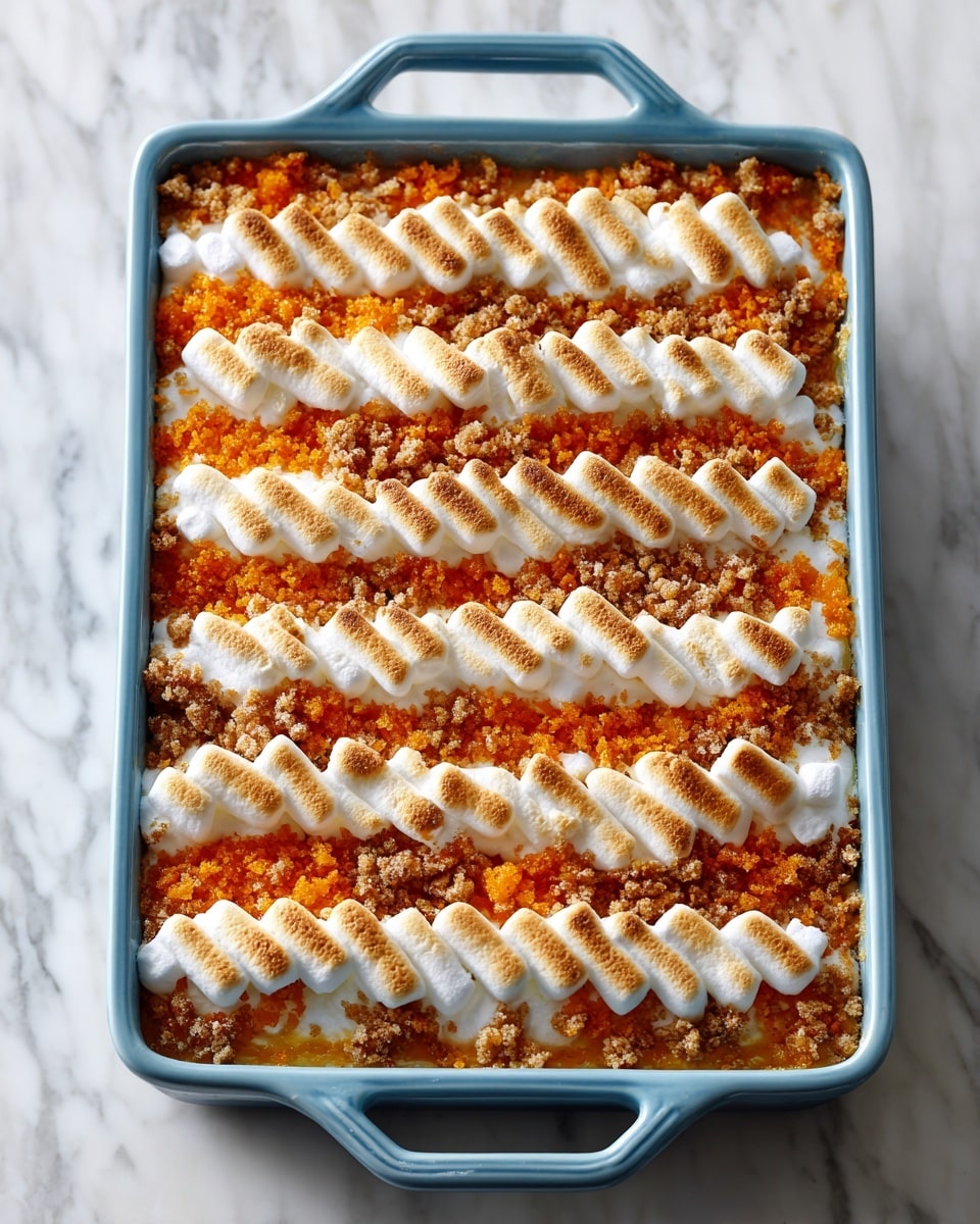 The dish is in a blue rectangular baking dish with handles, placed on a white marbled surface. It has three clear layers: the bottom layer looks like a soft base, but mostly covered by the middle and top layers. The middle layer is thick and made of orange crushed pieces that look crunchy and textured with some small darker bits scattered around. The top layer consists of small, fluffy white marshmallows toasted lightly on top to a pale golden brown, arranged in three diagonal stripes across the dish. The overall look is warm and inviting with a mix of soft and crunchy textures. Photo taken with an iphone --ar 4:5 --v 7