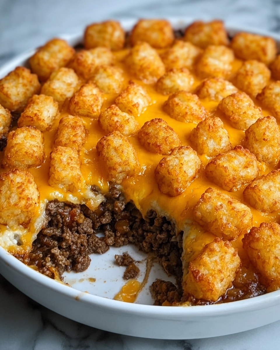 The dish is in a white shallow round dish, showing three clear layers. The bottom layer is ground meat cooked dark brown with some small bits. The middle layer is melted bright orange cheese that covers the meat and looks smooth and creamy. The top layer is a neat, tight row of golden brown crispy tater tots, evenly browned with a crunchy texture. A portion of the dish is missing on one side, revealing the layers inside. The dish sits on a white marbled surface. Photo taken with an iphone --ar 4:5 --v 7