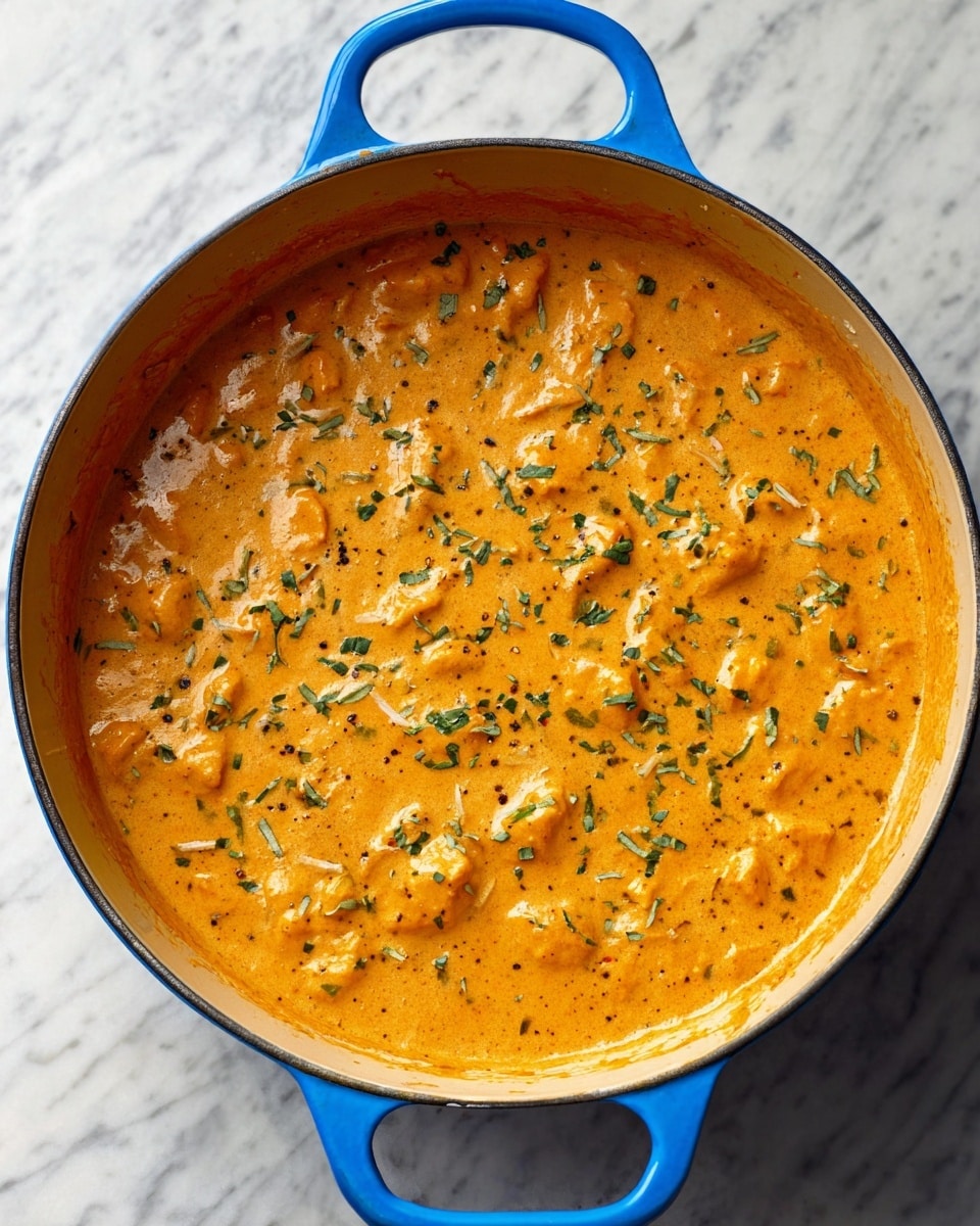 A top view of a blue pot filled with a thick, creamy orange sauce that covers evenly the pieces of food inside it, mostly small chunks, with finely chopped green herbs sprinkled on top and some black pepper spots visible. The pot is on a white marbled surface. The sauce has a smooth and slightly chunky texture, and the edges inside the pot show a slight drying where the sauce meets the sides of the blue pot. photo taken with an iphone --ar 4:5 --v 7