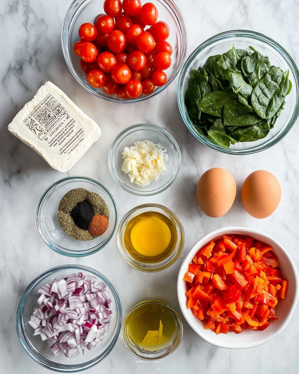 The image shows an overhead view of several clear glass bowls and a white bowl arranged on a white marbled surface. The largest white bowl at the bottom right is filled with bright orange-red diced bell peppers. Above it to the left is a small white bowl containing mixed dried spices with colors of dark green, red, black, and white. Next to the spices is a small clear glass bowl with minced garlic. Above that is another clear glass bowl filled with fresh green spinach leaves. To the left of the spinach is a rectangular block of white feta cheese with a label on it. At the top left is a clear glass bowl filled with glossy red cherry tomatoes. To the right of the tomatoes are four brown eggs sitting directly on the surface. Next to the eggs is a small glass bowl of golden olive oil, and below it is a clear glass bowl with chopped purple and white onions. The clean, simple arrangement highlights the fresh ingredients on the white marbled background. Photo taken with an iphone --ar 4:5 --v 7