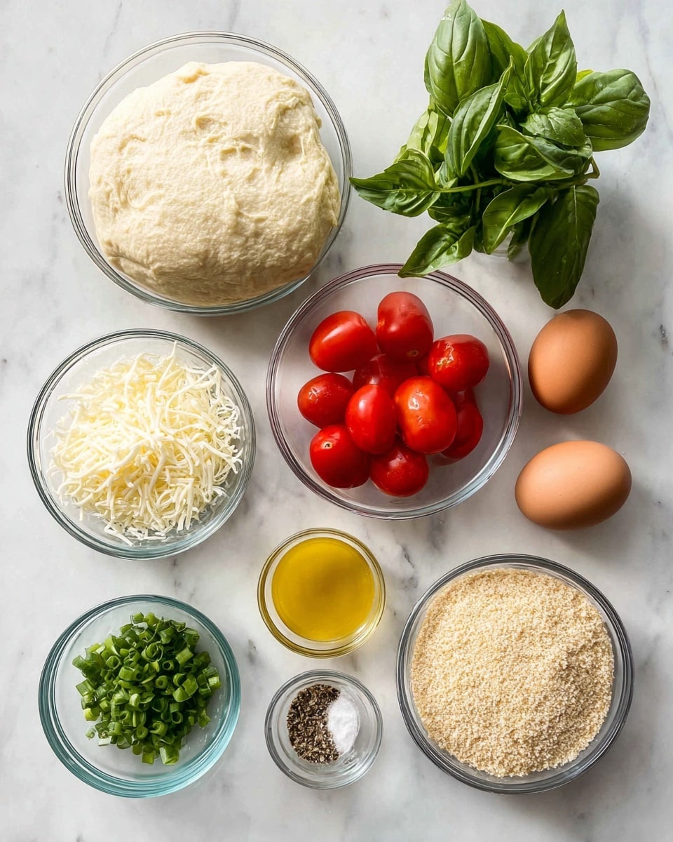 The image shows a white marbled surface with nine small glass bowls and three brown eggs arranged neatly. The top left bowl contains a large amount of puffy, light beige dough. To the right of it is a bunch of fresh green basil leaves. Below the dough is a bowl filled with halved bright red cherry tomatoes. In the center sits three brown eggs. Near the eggs is a small bowl of golden yellow olive oil. Below the olive oil, a bowl holds light brown breadcrumbs with a fine texture. To the left of the breadcrumbs, there is a small bowl of finely chopped fresh green spring onions. At the bottom left, a bowl of shredded white cheese is nicely piled. Lastly, a tiny bowl in the center holds a mix of black pepper, salt, and dried herbs. The items are clearly arranged and well lit, photo taken with an iphone --ar 4:5 --v 7
