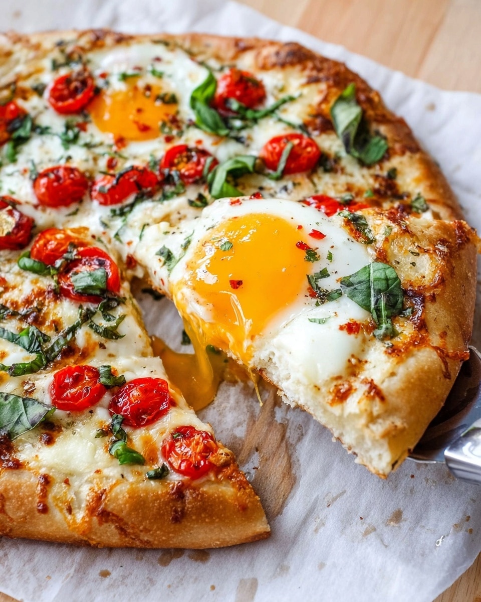 The image shows a pizza with a thick, golden-brown crust. The base layer is melted white cheese covering the surface, topped with small red cherry tomatoes scattered evenly. There are green basil leaves placed on top of the cheese and tomatoes, adding a fresh look. In the center of one pizza slice, there is a sunny-side-up egg with a bright yellow yolk and white egg whites spilling slightly over the toppings. The pizza is on white parchment paper over a light wooden surface. A metal pizza spatula is lifting the slice with the egg. photo taken with an iphone --ar 4:5 --v 7
