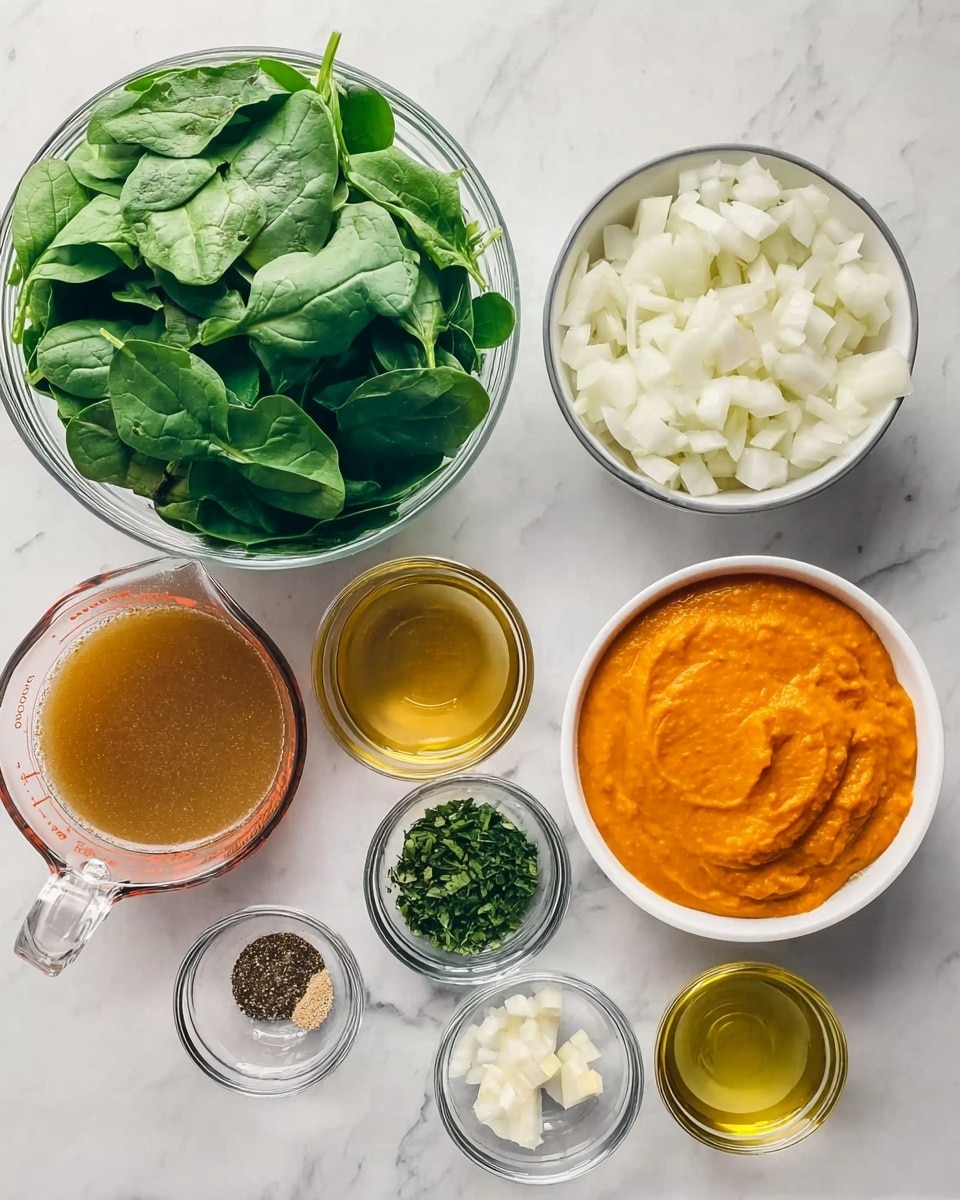 The image shows a white marbled surface with several small clear and white bowls containing cooking ingredients arranged neatly. There is a large clear bowl filled with fresh green spinach leaves at the top left. To the right of it, a clear bowl holds diced white onions. Below the spinach, a white bowl contains smooth, thick, orange puree. Next to the puree, a clear glass container holds light brown broth. Below these larger bowls, there are five small clear bowls in a row: chopped green herbs, minced garlic, a mix of salt and pepper, golden olive oil, and a pale liquid. A measuring cup with some light liquid is partially visible on the left side. Photo taken with an iphone --ar 4:5 --v 7