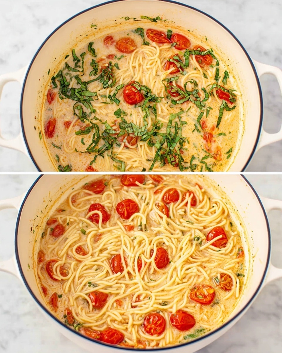 The dish shows a white pot with creamy light brown sauce at the bottom mixed with thin spaghetti noodles that are pale yellow in color, spread throughout the pot evenly. Scattered on top and mixed inside the noodles are small, halved cherry tomatoes which are bright red with a juicy texture. In the second image, fresh green shredded basil leaves are added on top, adding a pop of vibrant green to the creamy and red mixture. The pot is placed on a white marbled surface. Photo taken with an iphone --ar 4:5 --v 7