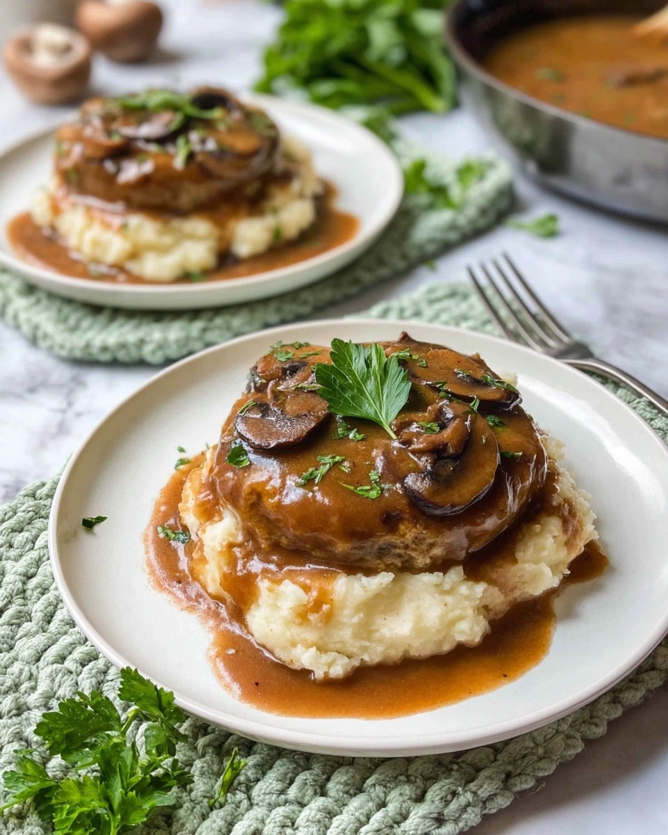 The dish has two main layers on a white plate. The bottom layer is creamy mashed potatoes with a few small bits of the potato skin visible, giving it a textured look. On top of the mashed potatoes is a thick, round burger patty covered with a shiny brown mushroom gravy that includes several dark brown mushroom slices. A single fresh green parsley leaf sits on the patty as a garnish. The plate is placed on a light green knitted mat with a bunch of fresh parsley nearby, all on a white marbled surface. In the background, there is another white plate with the same dish slightly blurred, along with a skillet filled with more gravy. photo taken with an iphone --ar 4:5 --v 7
