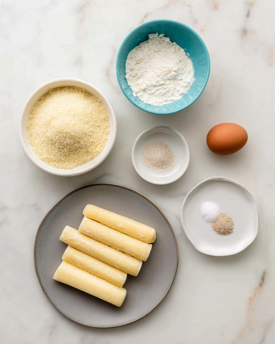 The image shows six pieces of pale yellow cheese sticks arranged on a gray plate at the bottom, a white bowl filled with light tan breadcrumbs to the left, a blue bowl containing white flour at the top left, a light yellow bowl holding a single brown egg at the top right, and a white plate on the right with two small piles of seasoning: one light brown and one white salt. All items are placed on a white marbled surface. Photo taken with an iphone --ar 4:5 --v 7