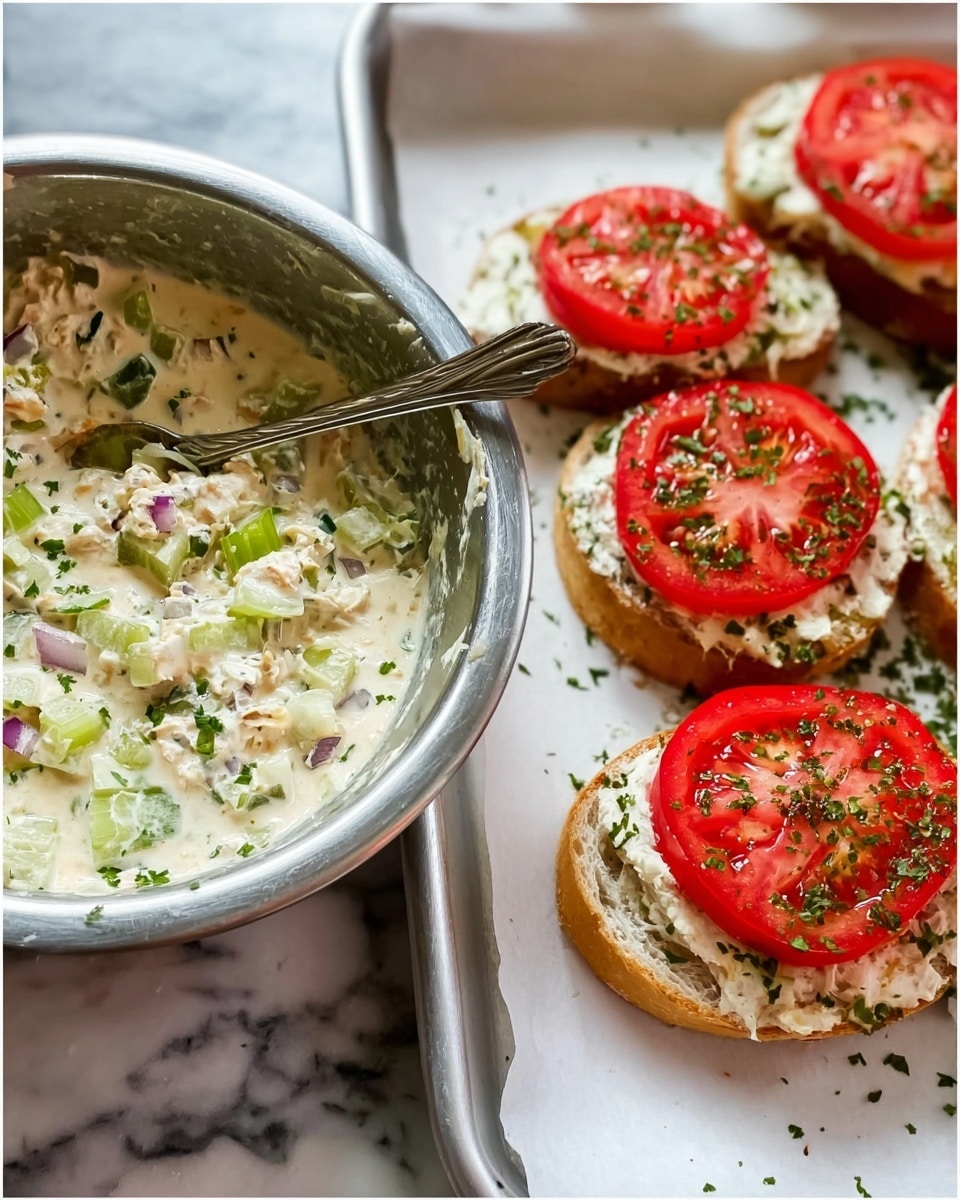 The left side of the image shows a metal bowl filled with a creamy mixture containing visible green celery pieces and small bits of purple onion, with a silver spoon resting inside. On the right side, there are slices of bread laid on a white tray, each topped with a thick layer of the creamy mixture followed by two or three fresh, round red tomato slices sprinkled with green herbs. The background is a white marbled texture. photo taken with an iphone --ar 4:5 --v 7