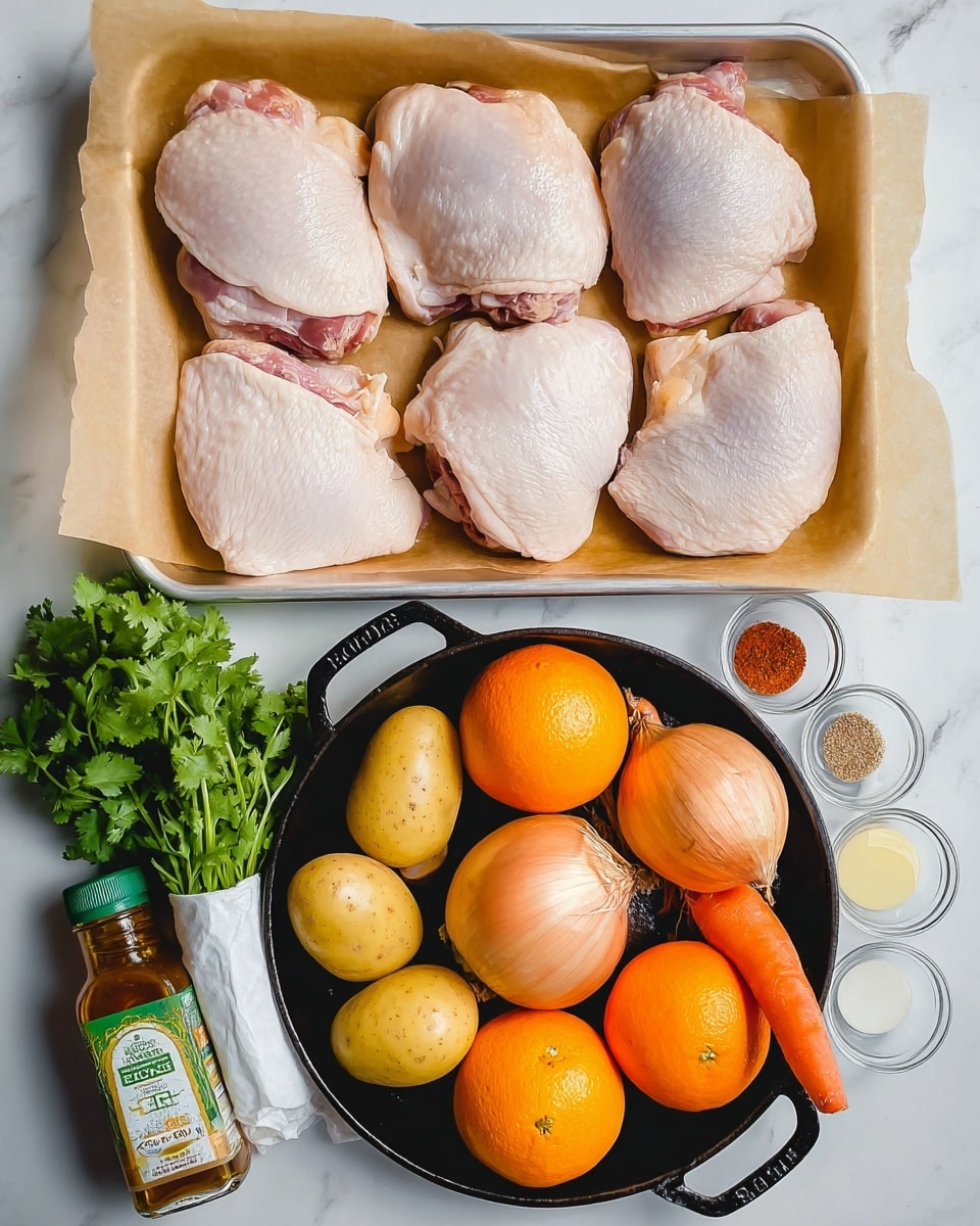The image shows a black cast iron pan filled with six pieces of golden-brown crispy chicken thighs, each with a slightly textured and pepper-speckled skin layer on top. Underneath and around the chicken, there are light yellow, irregularly shaped potato chunks and small round orange carrot slices submerged in a light brown sauce that looks glossy and rich. Bright orange slices with visible segments are placed evenly around the chicken, adding a pop of color to the dish. The pan sits on a white marbled surface, and the whole composition looks warm and inviting. photo taken with an iphone --ar 4:5 --v 7
