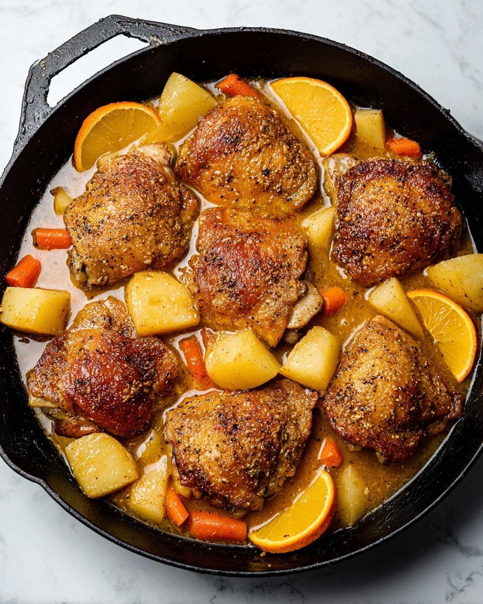 The image shows six raw chicken thighs with pale pink skin arranged in two rows on a metal tray lined with beige parchment paper at the top. Below the tray is a black cast iron skillet filled with cooking ingredients, including two bright orange oranges, a whole yellow onion with light papery skin, a long orange carrot, and three round yellow potatoes with smooth skin. Also in the skillet are small clear glass bowls containing garlic cloves, red spice, light brown and beige spices, placed around the vegetables. A small bunch of fresh green cilantro wrapped in white paper is on the left, and a bottle of organic honey with a green cap sits near the oranges. The items are set on a white marbled surface photo taken with an iphone --ar 4:5 --v 7